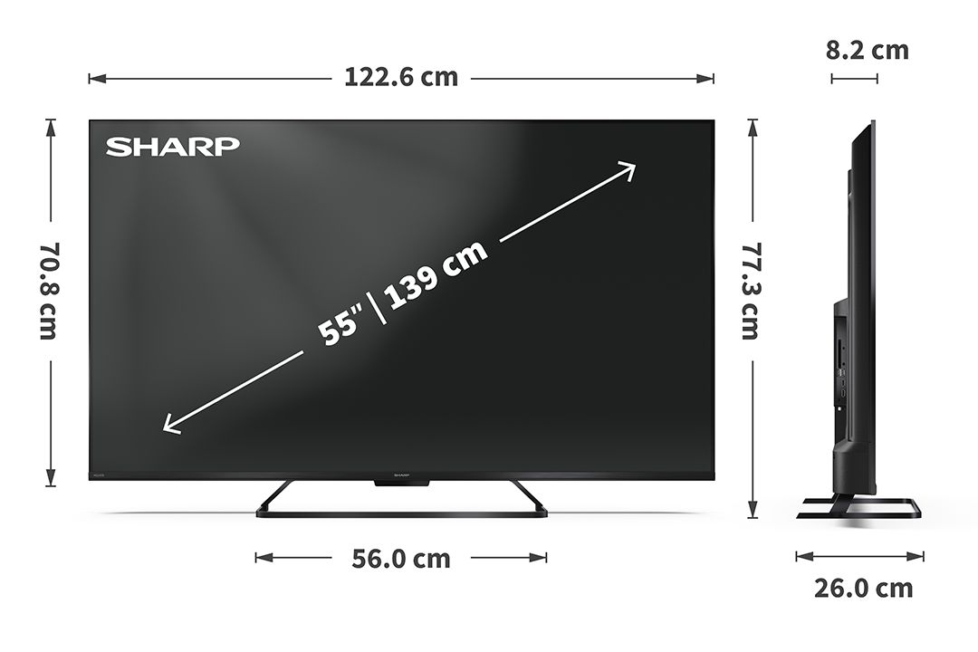 Egy fekete Sharp 55 hüvelykes TV, méretekkel jelölve. Az elölnézet a képernyőt, az oldalsó a vastagságot mutatja.