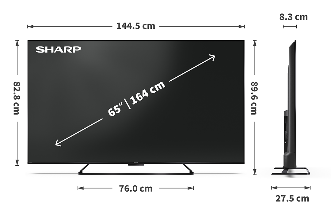 Egy Sharp 65 hüvelykes TV méretekkel. A képernyő fekete, a méretek: 144,5 cm szélesség, 82,8 cm magasság és 89,6 cm magasság.