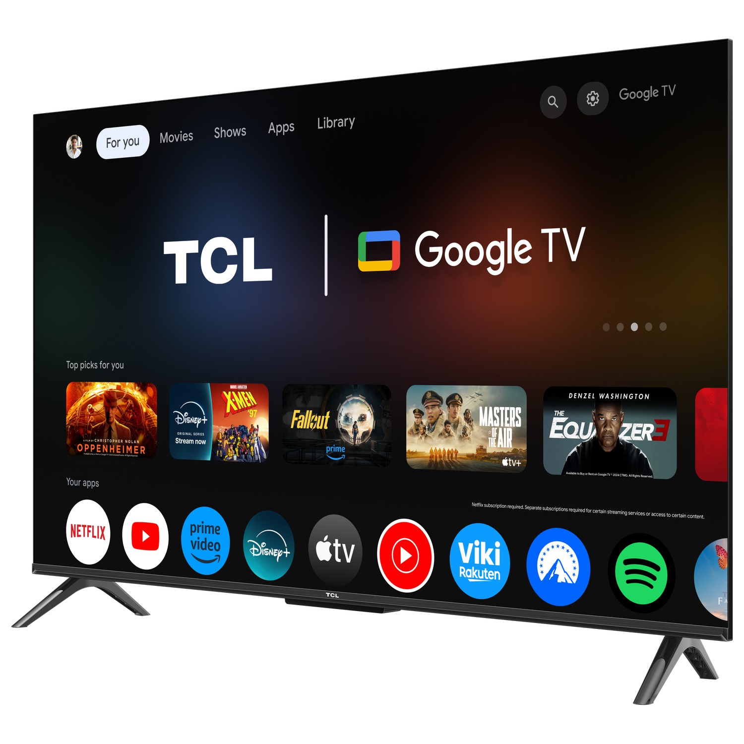 Een TCL Google TV-scherm toont het startscherm. Apps zoals Netflix, Disney+ en Prime Video zijn zichtbaar. De tv staat op een standaard.