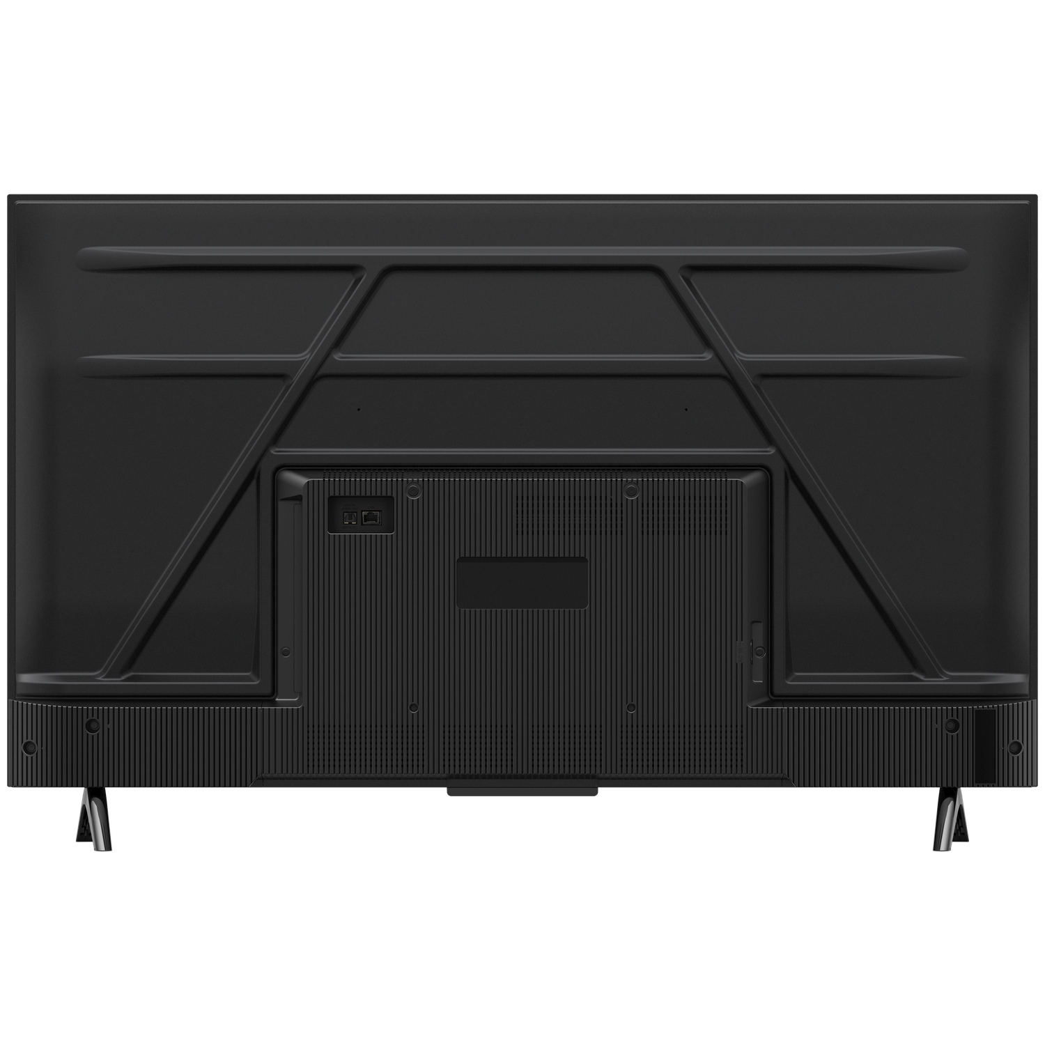 Achterkant van een zwarte tv. Metalen frame en standaard zichtbaar. Voorzien van poorten, ventilatieopeningen en een centraal paneel.