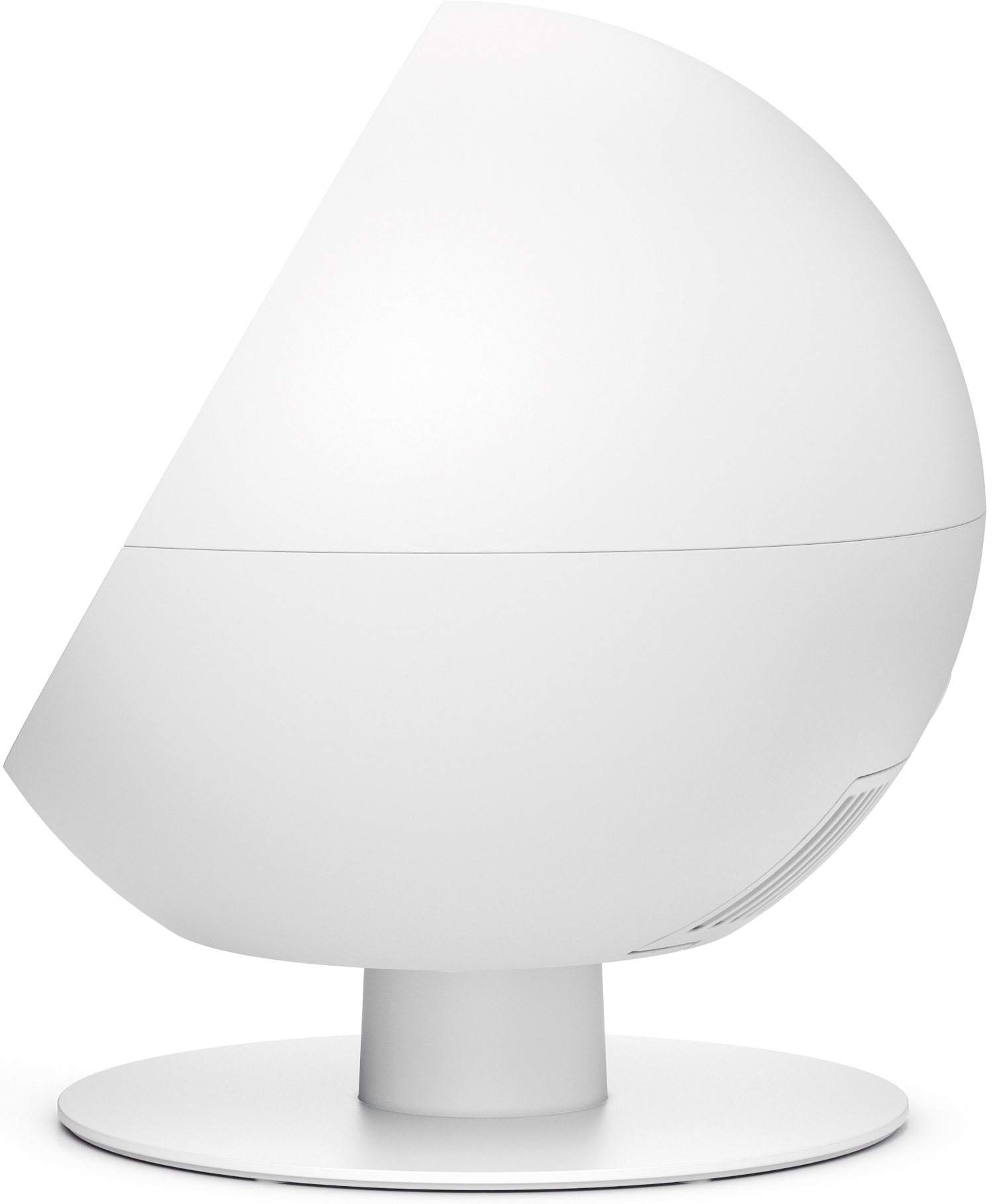 Une lampe blanche d'aspect moderne. Elle a un dessus arrondi et un socle. Le design est minimaliste et élégant, avec des lignes épurées.