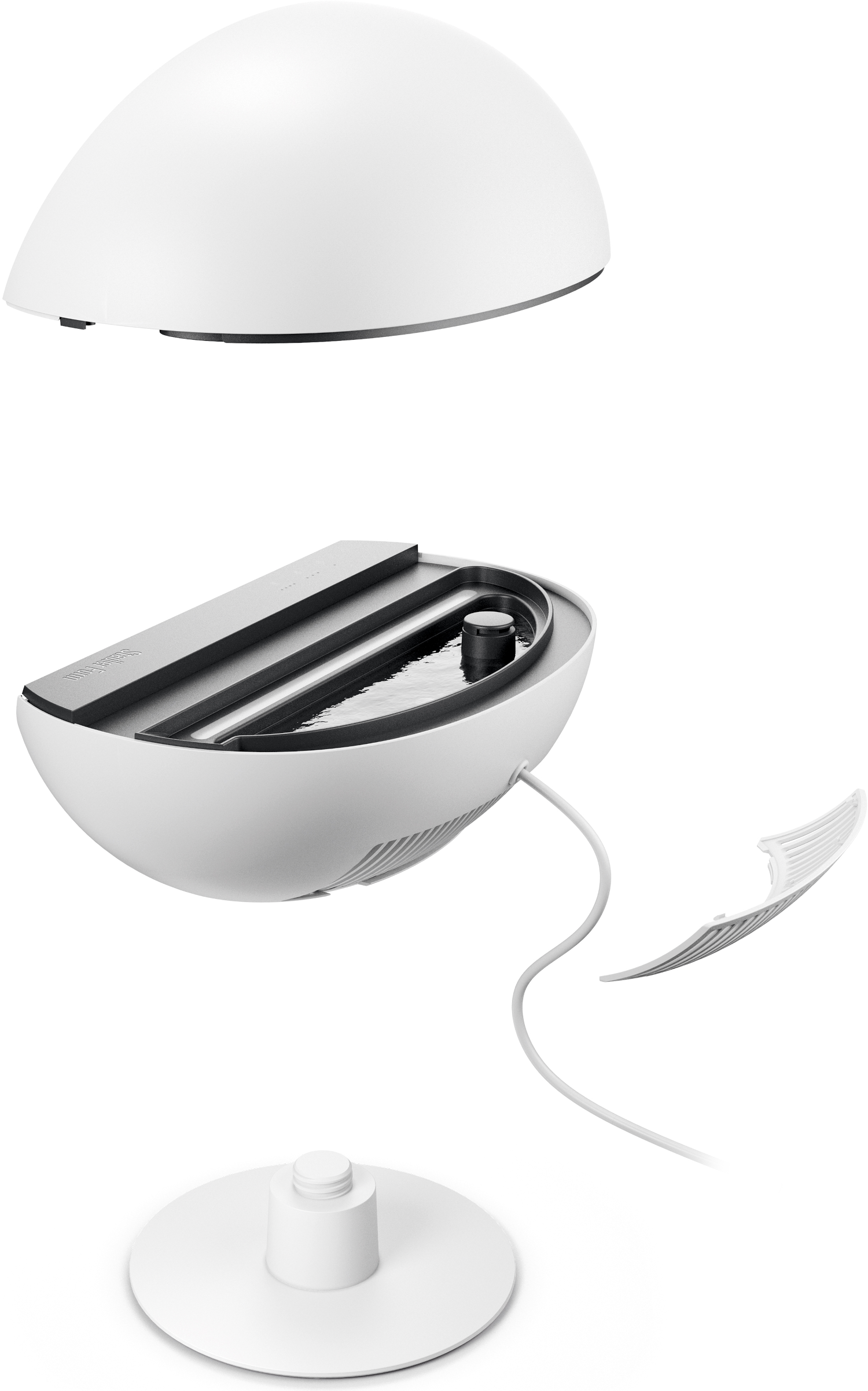 Vue éclatée d'un purificateur d'air blanc. Les pièces comprennent le couvercle supérieur, le réservoir d'eau, le filtre, la base et le cordon d'alimentation.