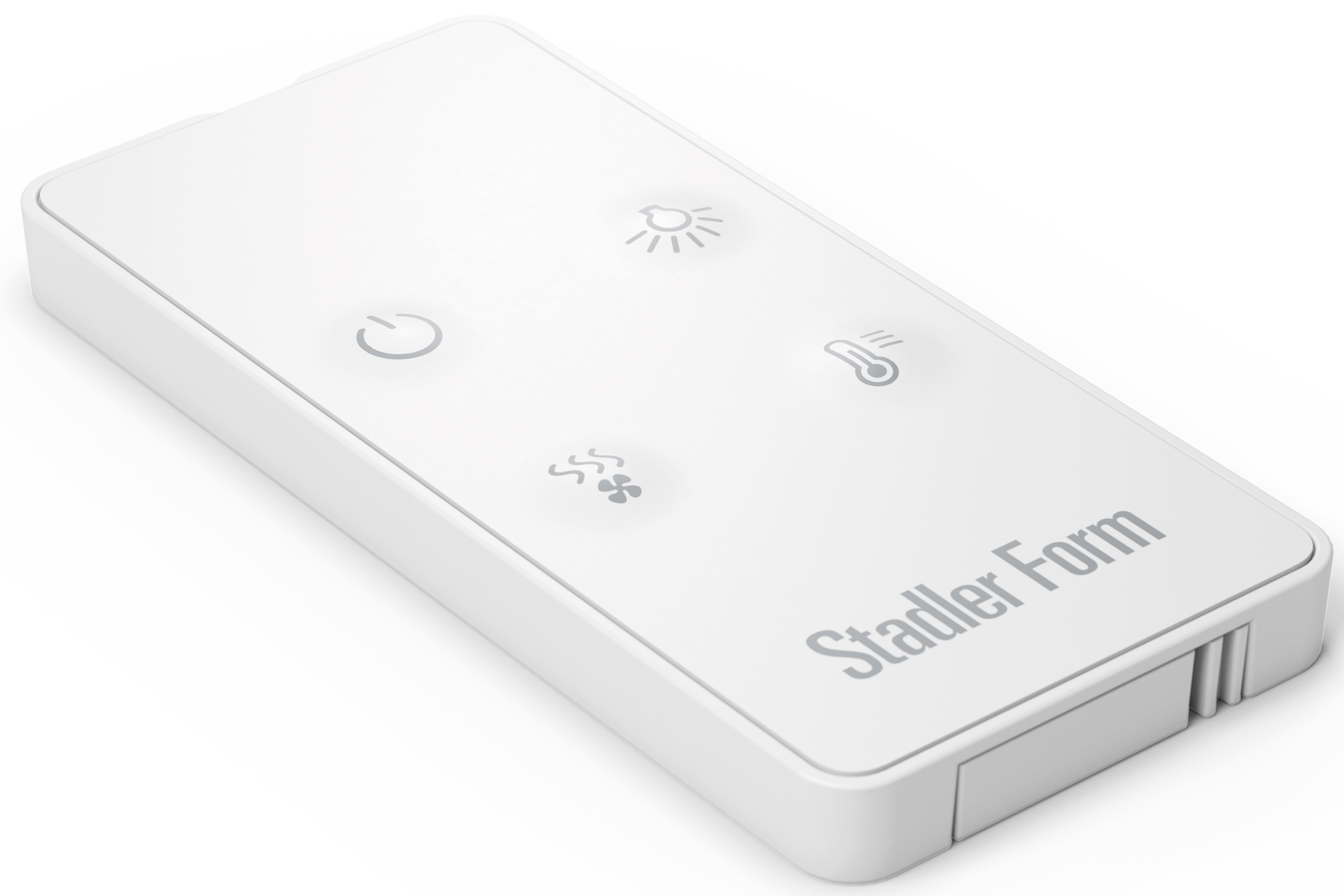 Une télécommande Stadler Form blanche avec des icônes d'alimentation, de lumière, de température et de ventilateur.