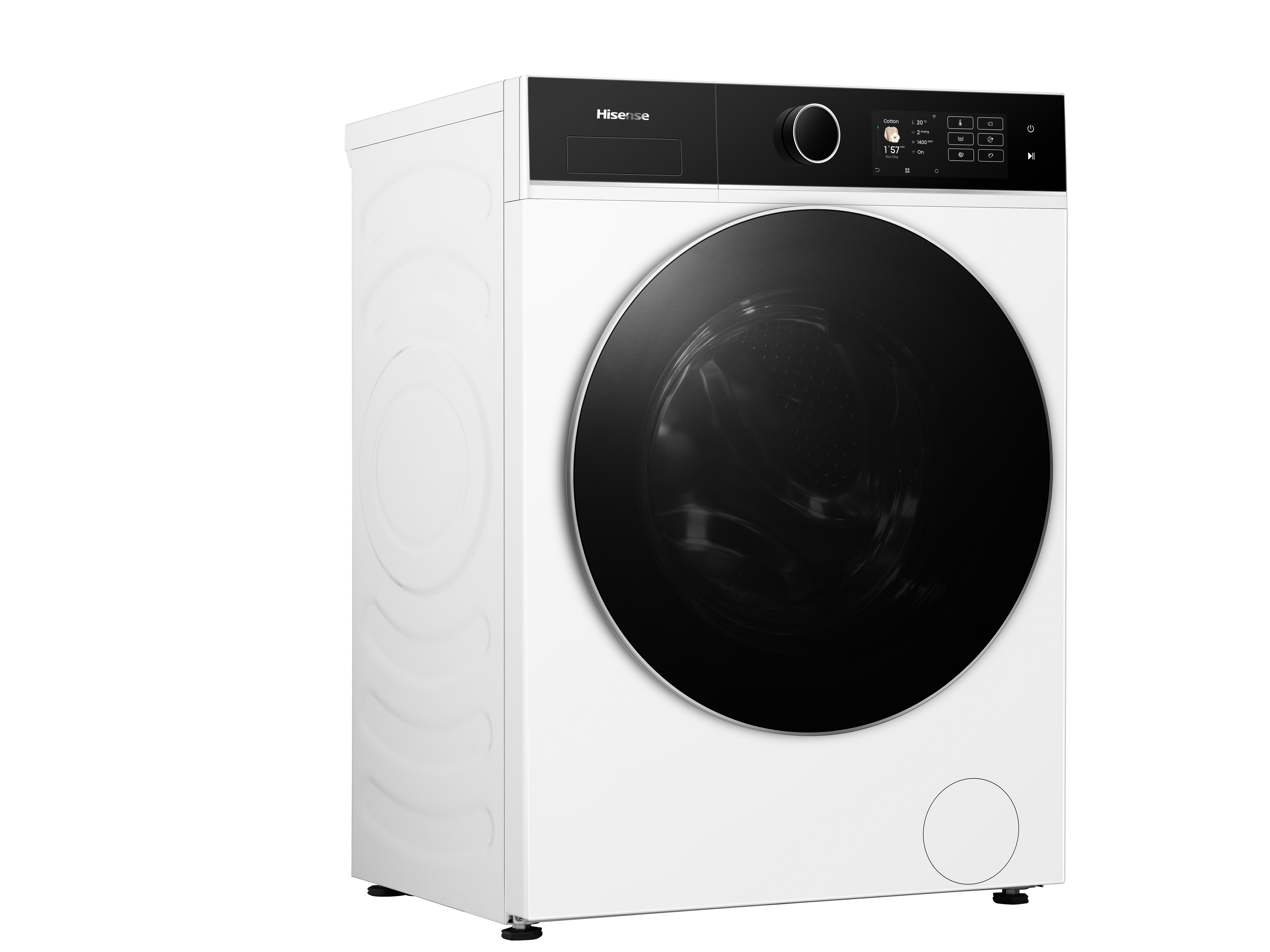 Eine weiße Hisense Waschmaschine. Schwarze Tür, Bedienfeld. Details umfassen einen Drehregler, ein Display und Tasten.