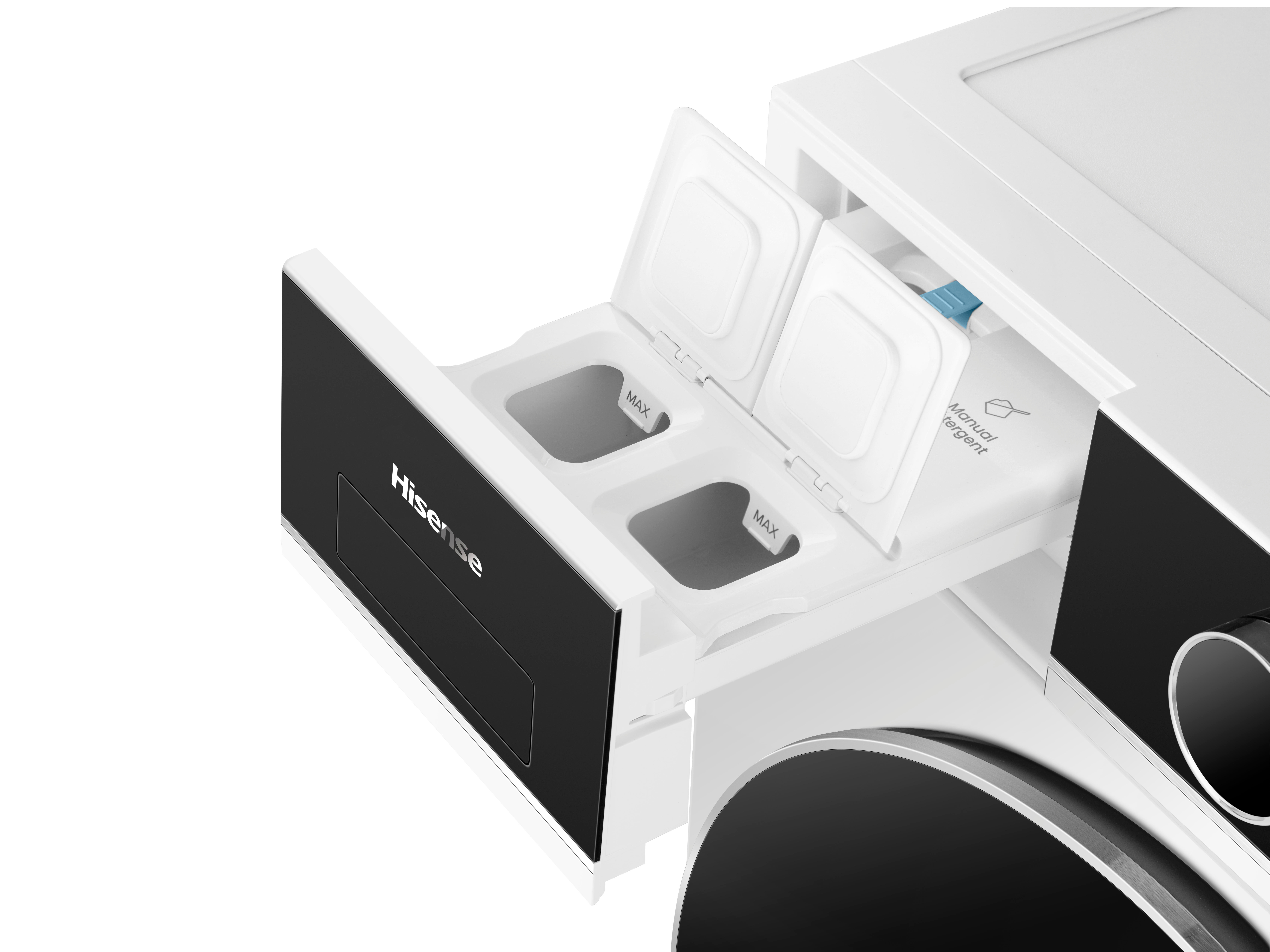Nahaufnahme einer Waschmittel-Schublade. Die Schublade ist weiß und schwarz, mit dem Hisense-Logo.