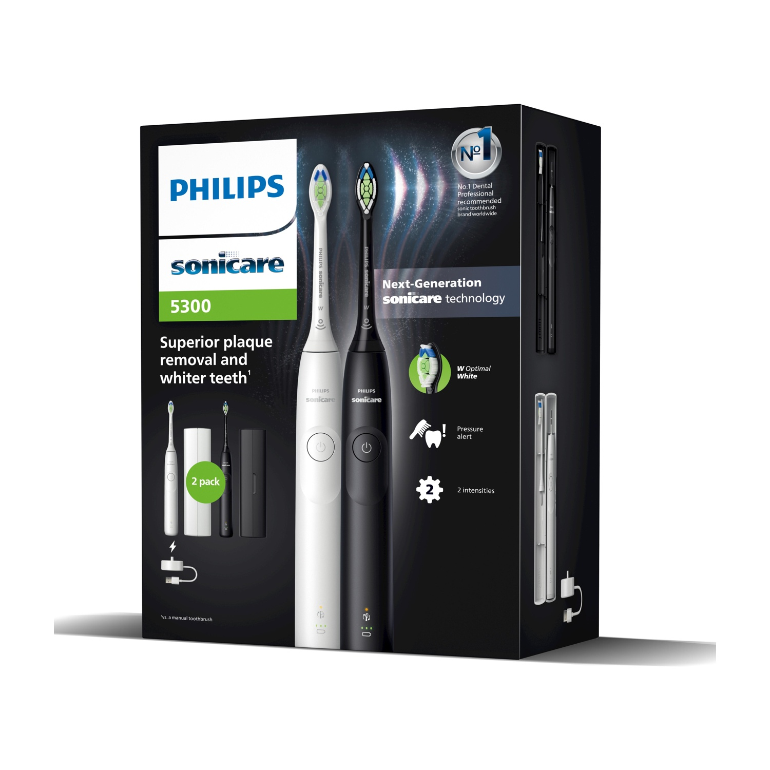Una scatola di spazzolini Philips Sonicare 5300. Mostra due spazzolini elettrici, uno bianco e uno nero, con i loro caricabatterie.