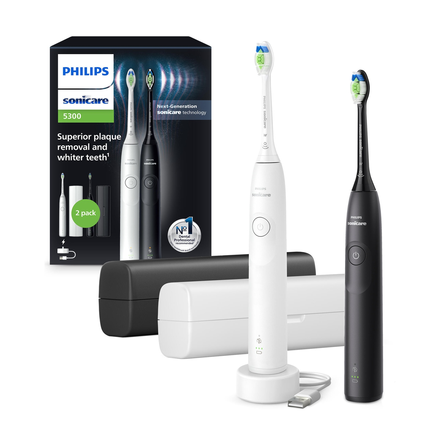 Set spazzolino elettrico Philips Sonicare 5300. Include spazzolini bianchi e neri, basi di ricarica e custodia da viaggio.