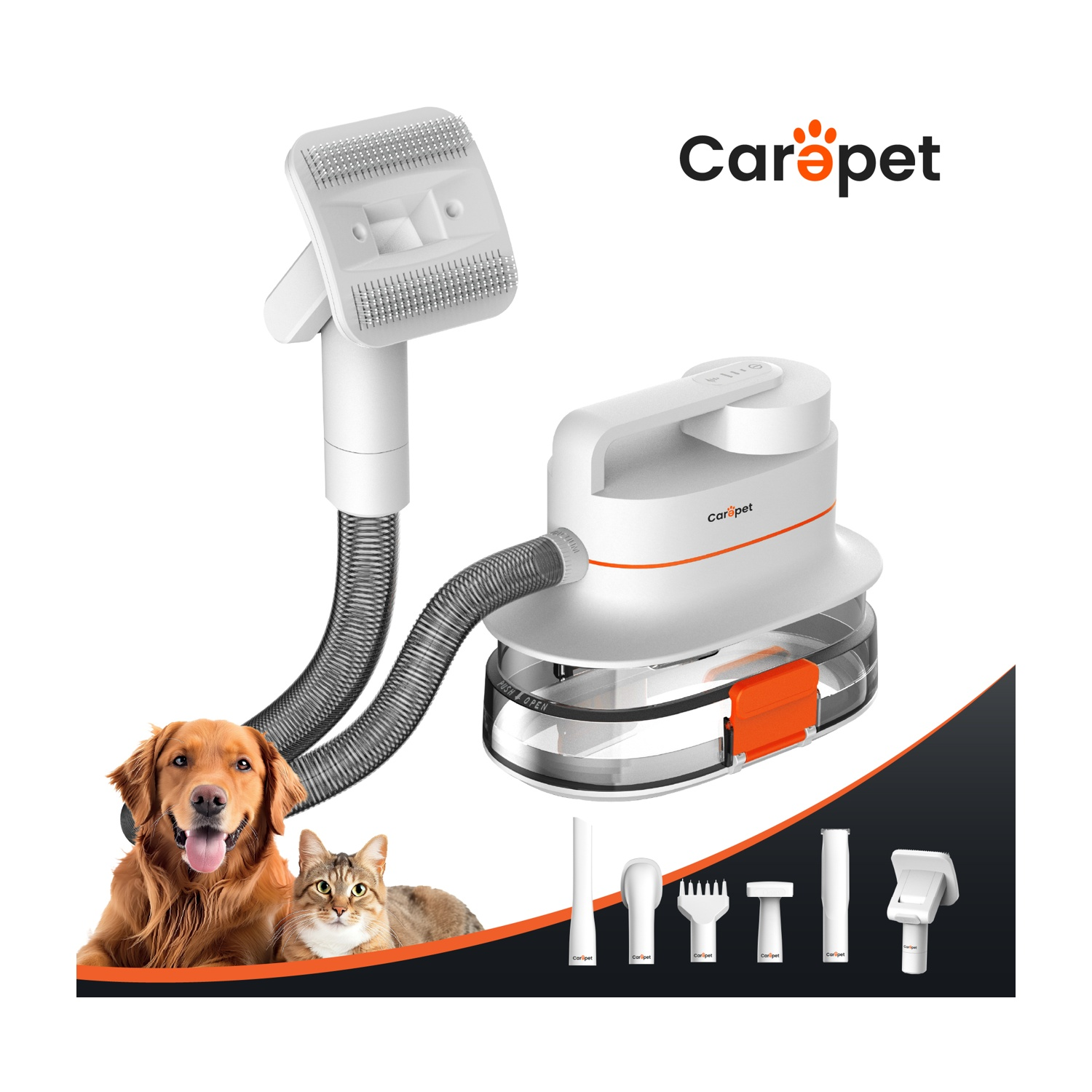 Un sistema di aspirazione per la toelettatura degli animali domestici. Presenti un golden retriever e un gatto tigrato. Include vari accessori.