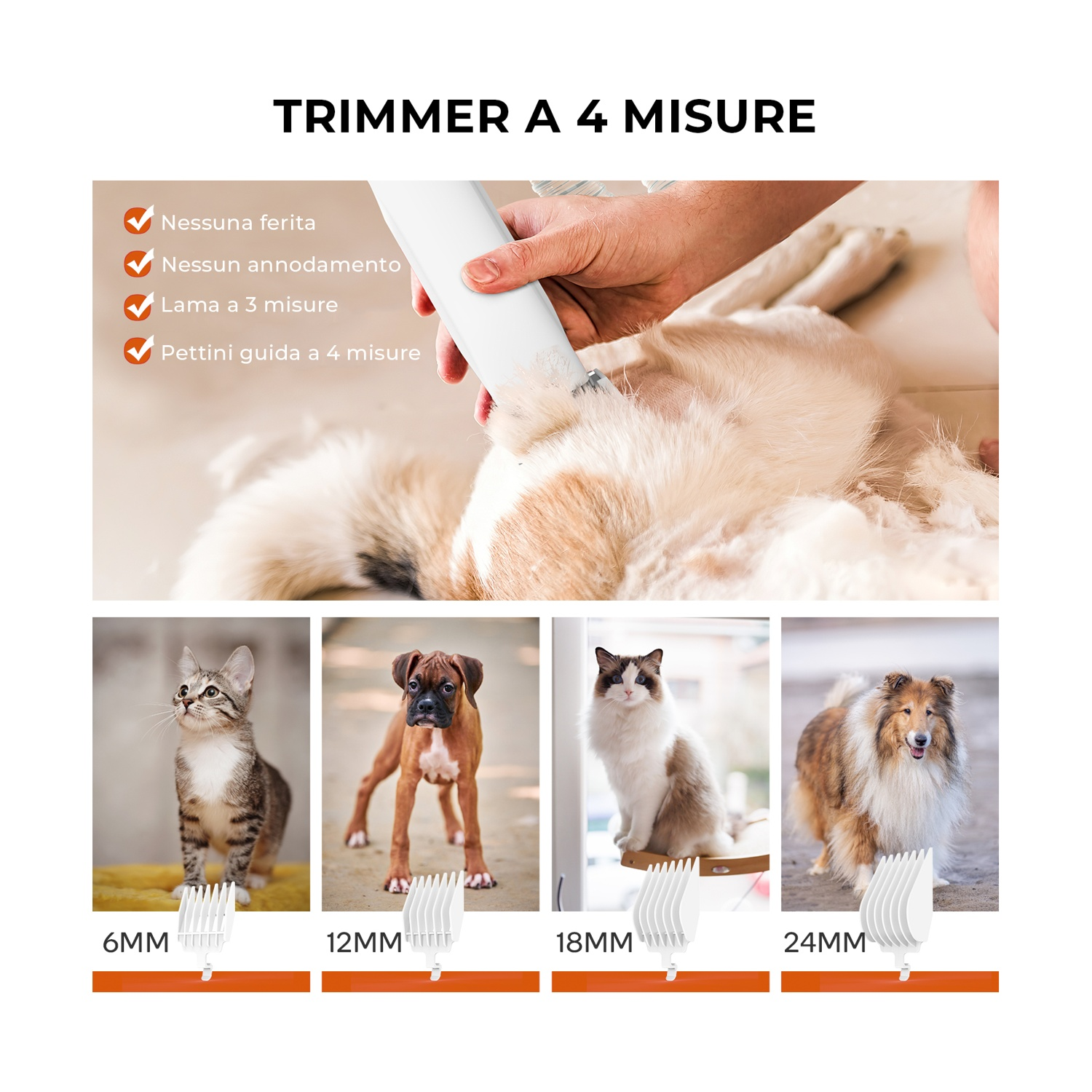 Una persona taglia il pelo di un cane con un tosatrice. Sotto, foto di un gatto, un cucciolo e altri due cani con opzioni di lunghezza.