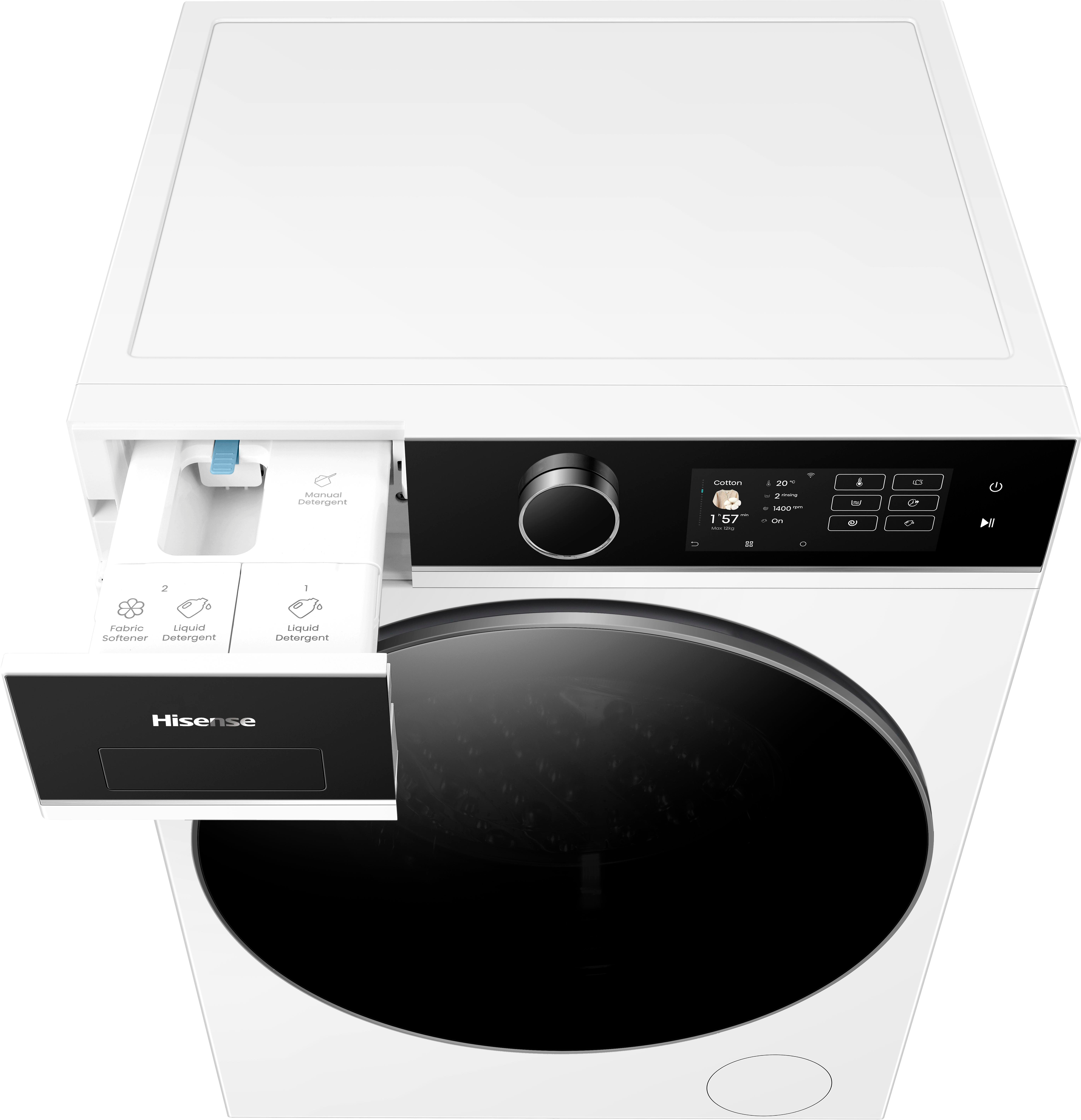 Eine weiße Hisense Waschmaschine wird gezeigt. Die Waschmittelschublade ist geöffnet. Ein schwarzes rundes Display und Bedienfeld sind sichtbar.