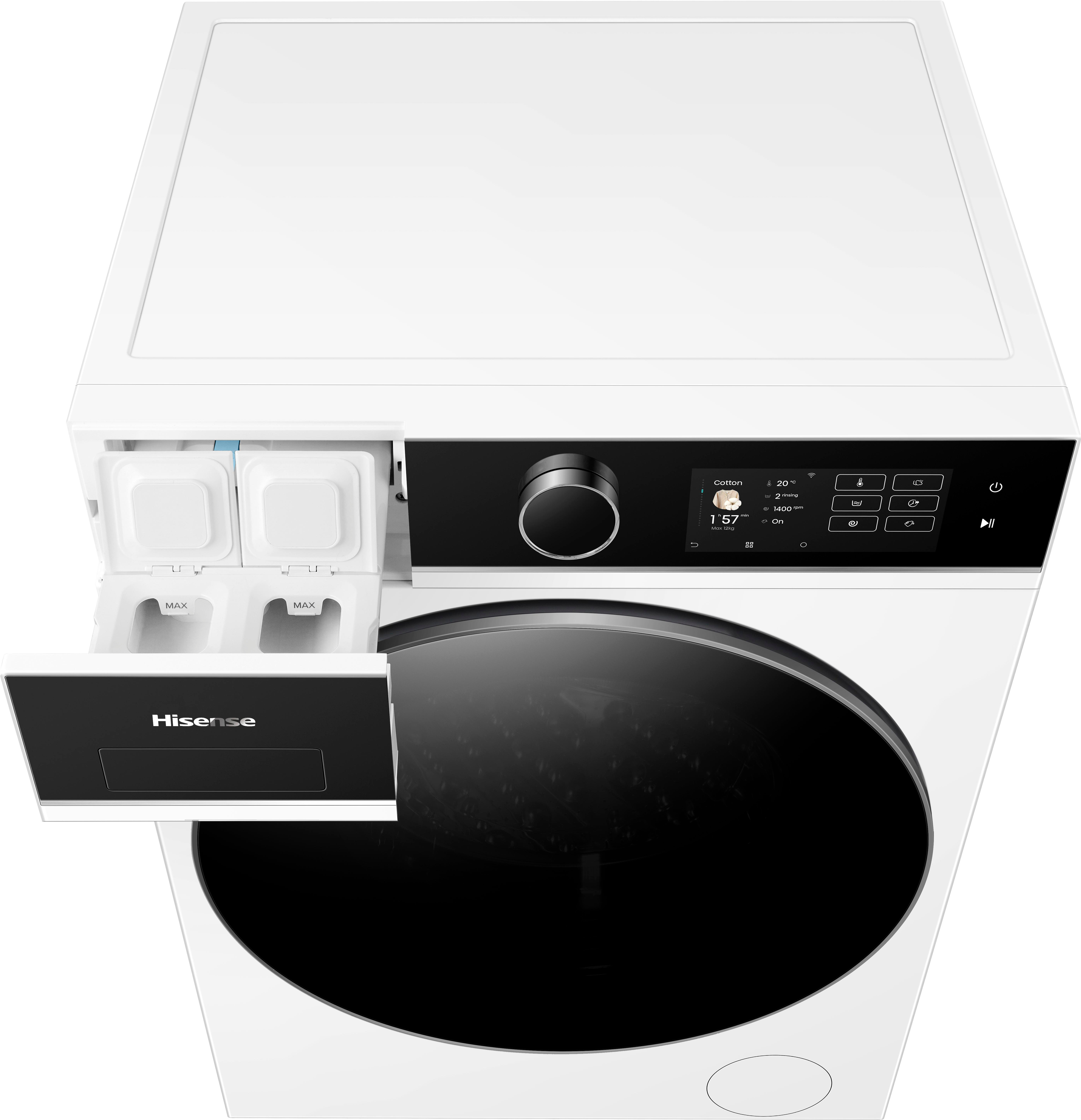 Eine weiße Hisense-Waschmaschine wird gezeigt. Sie hat ein schwarzes Bedienfeld und eine runde Tür.