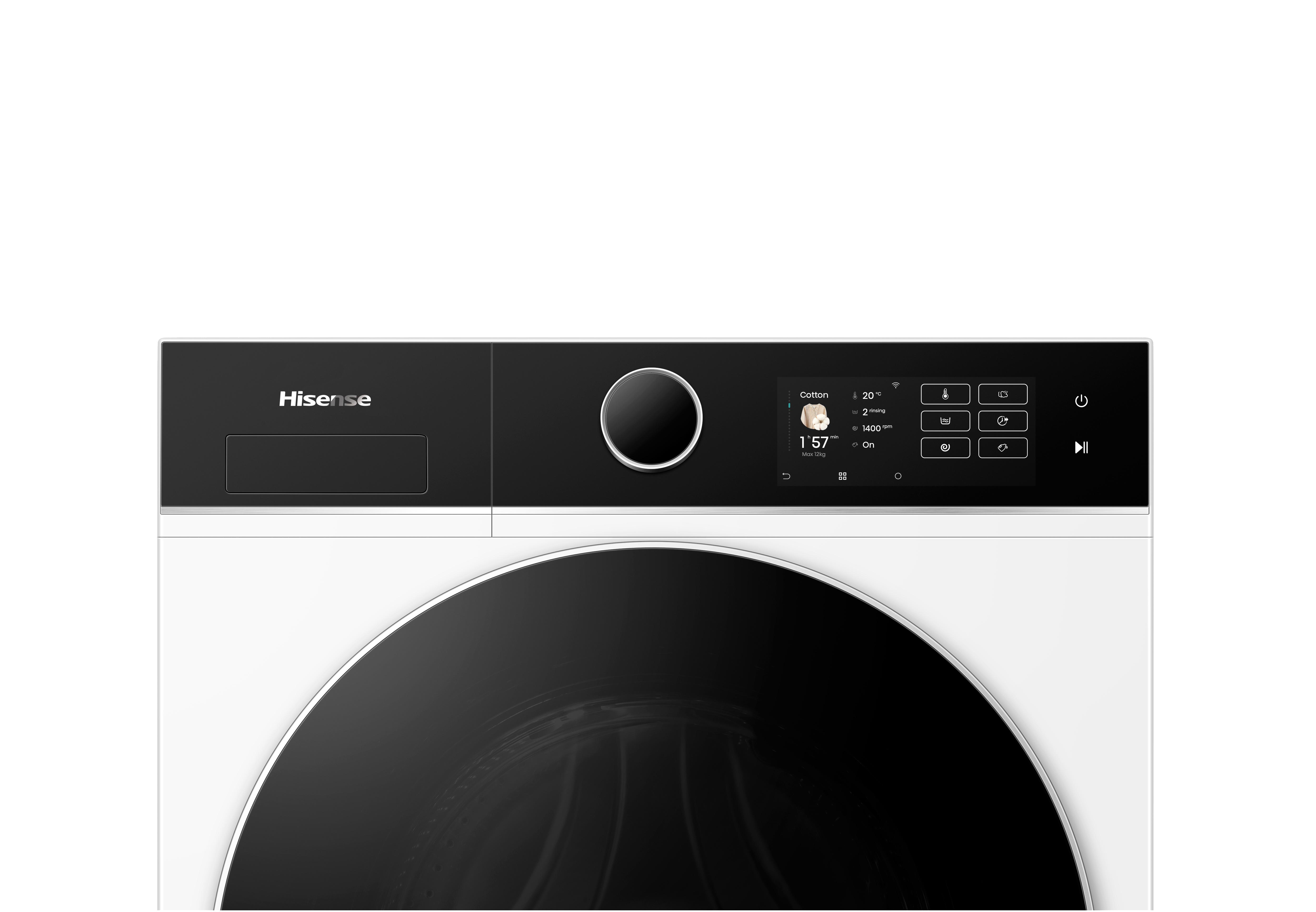 Eine weiße Hisense Waschmaschine. Das Bedienfeld zeigt den Baumwollmodus, 20°C, 1400 U/min und einen Timer. Die Trommel ist unten sichtbar.