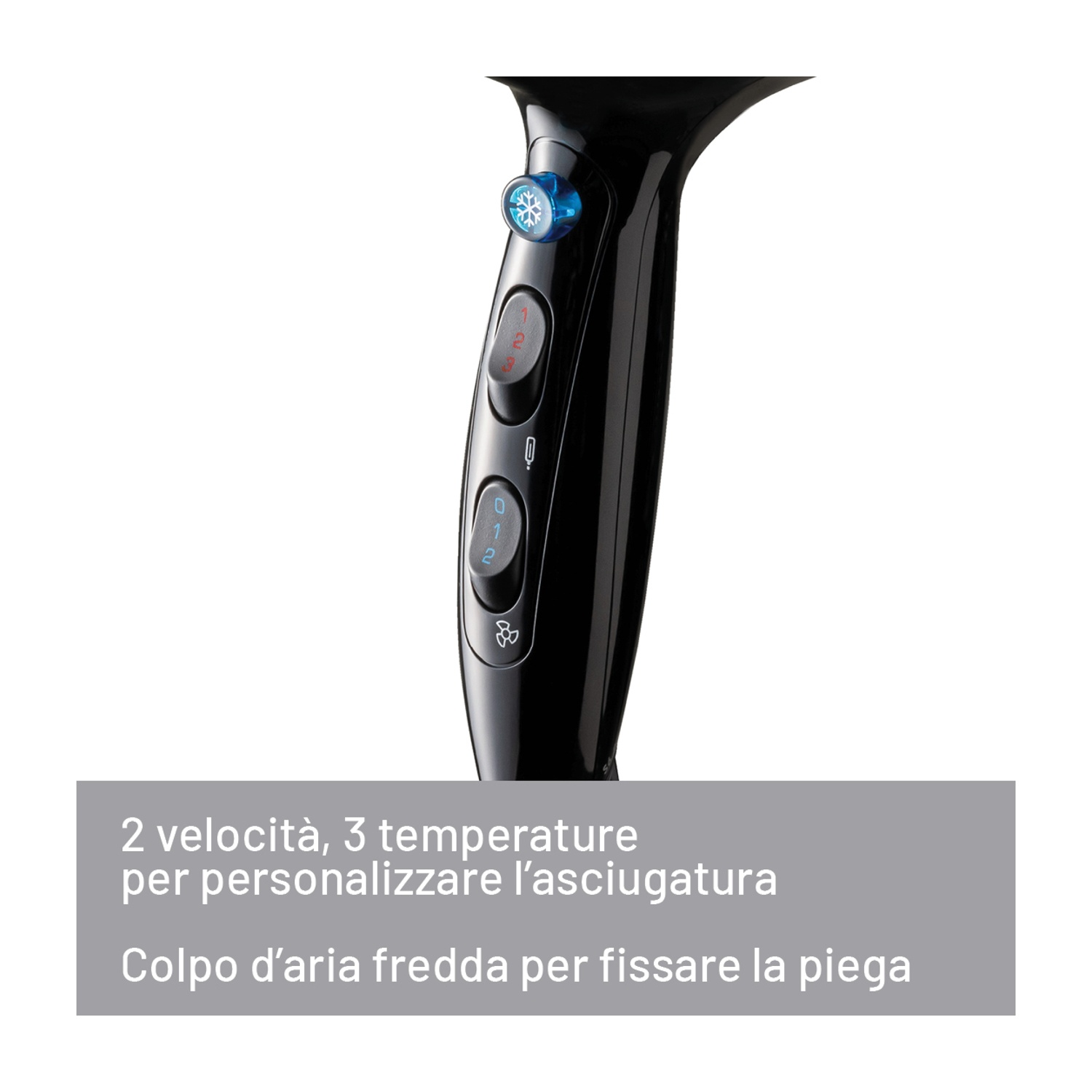 Impugnatura nera dell'asciugacapelli con comandi per velocità, temperatura e aria fredda. Il testo indica opzioni di personalizzazione.