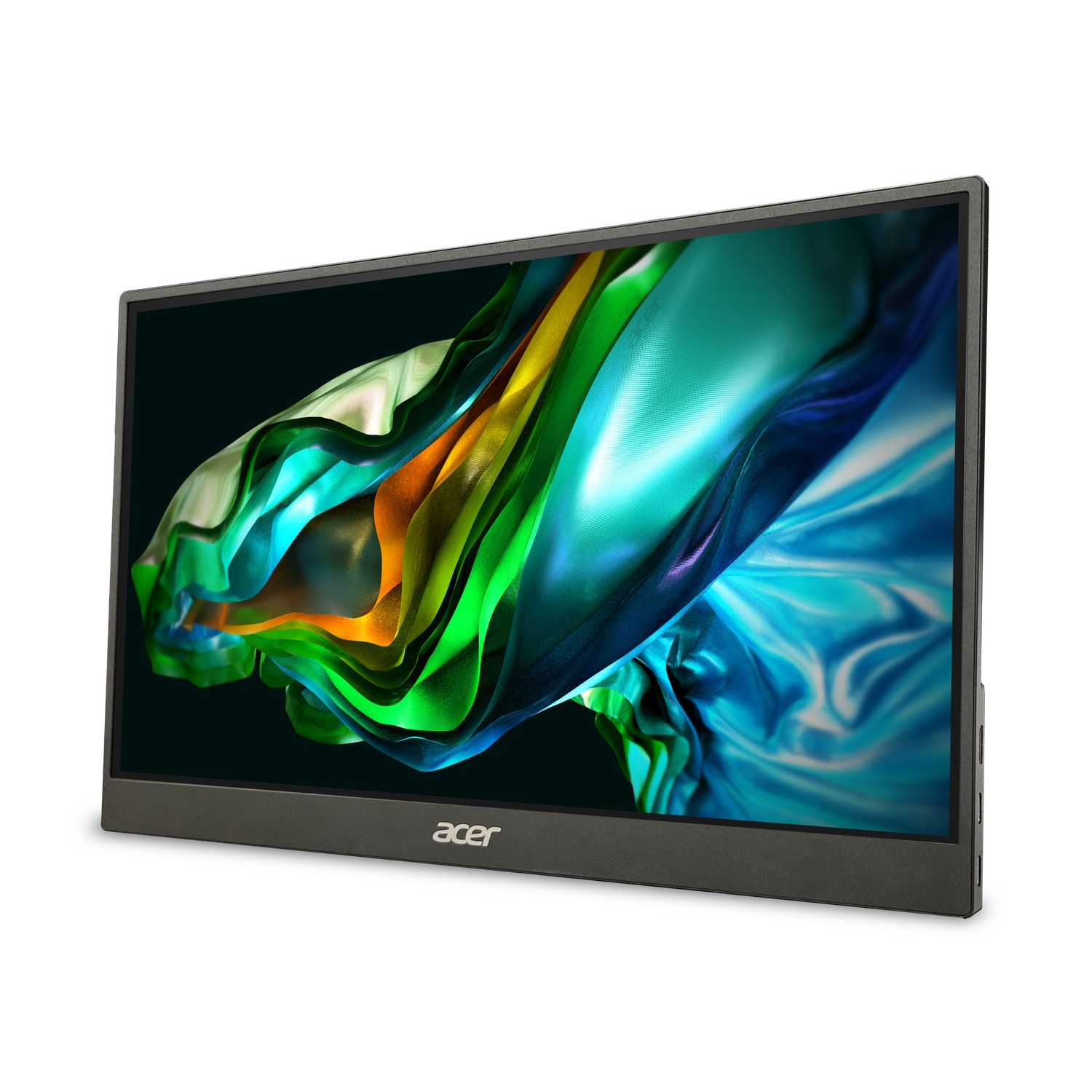 Un moniteur Acer gris affiche des formes abstraites colorées. L'écran est encadré en noir, sur fond blanc.