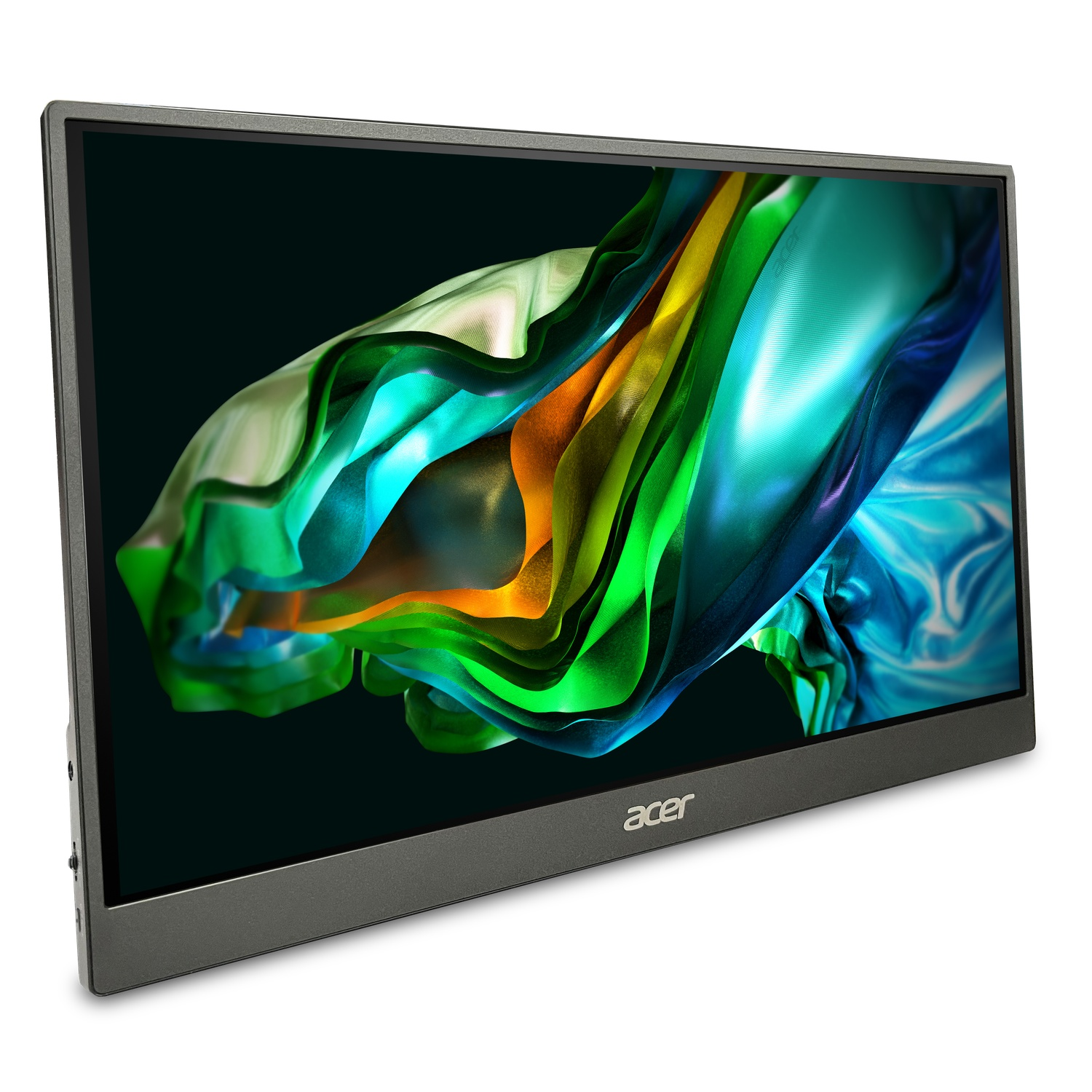 Un moniteur Acer affiche un tissu abstrait coloré. L'écran a un bord noir et le moniteur repose sur une surface blanche.