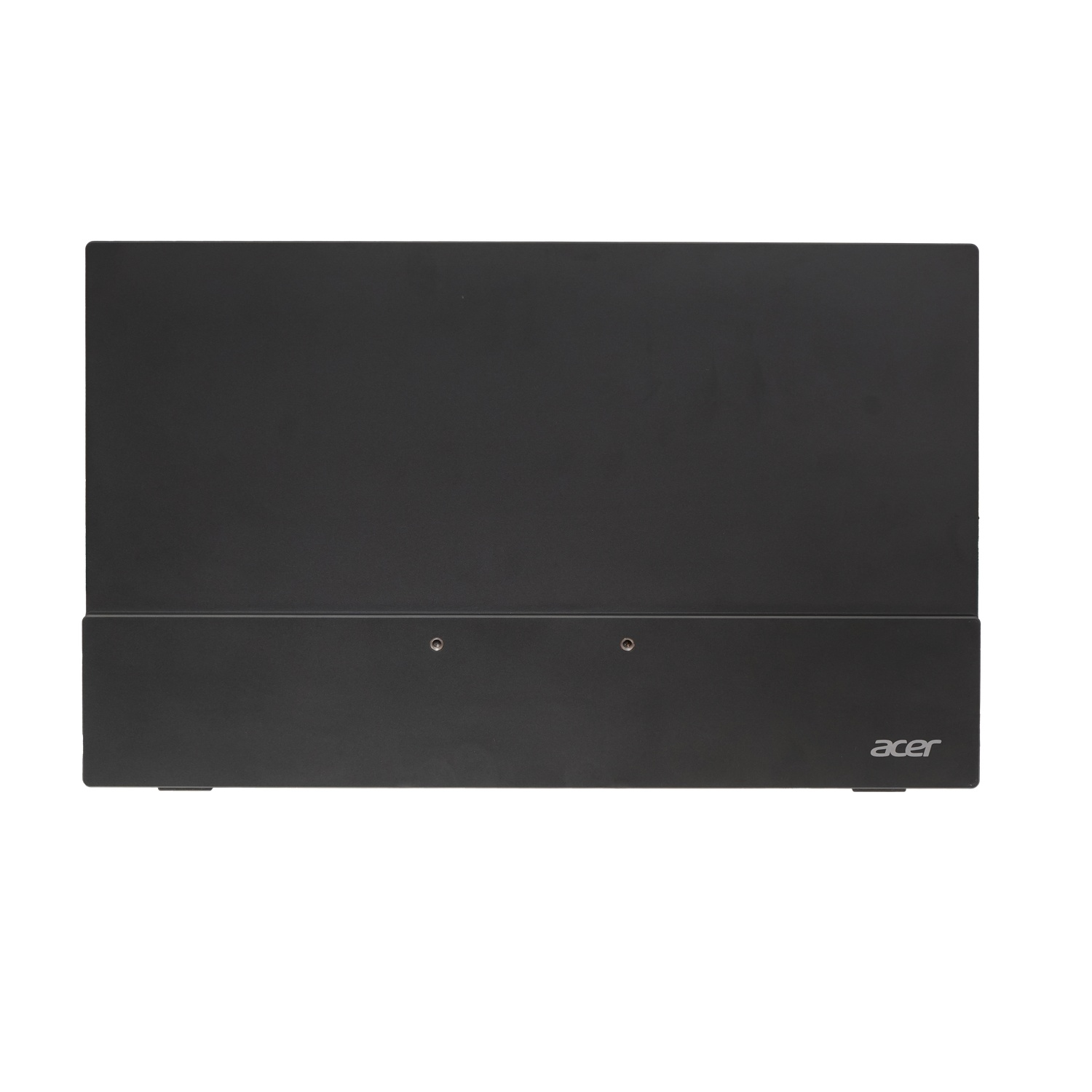 Un composant d'ordinateur Acer noir. Il a une forme rectangulaire avec deux petites vis et le logo Acer en bas.