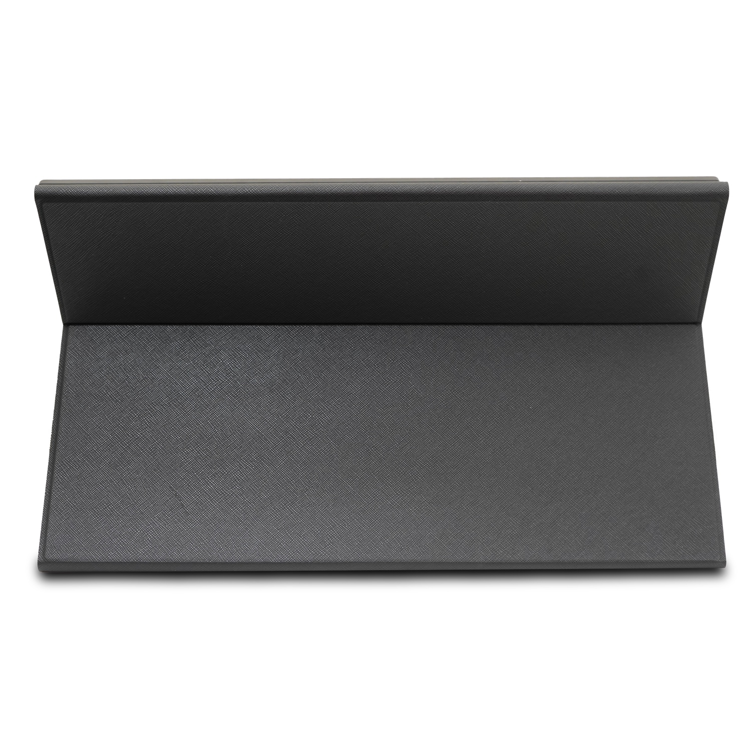 Un étui de tablette gris foncé est ouvert, posé sur une surface blanche. L'étui a une surface texturée et projette une ombre.