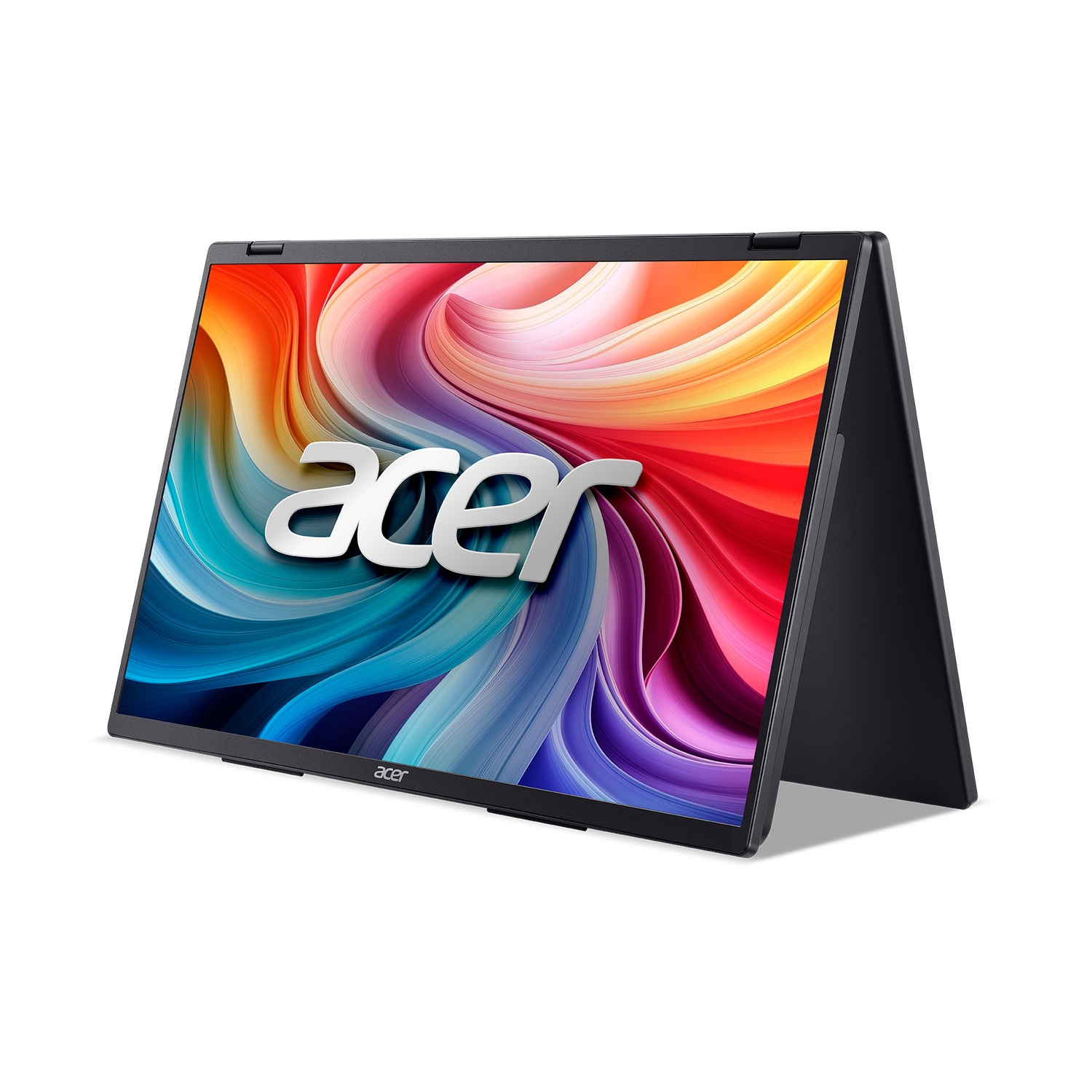 Acer laptop in tablet mode. Screen displays colorful abstract art. Acer logo prominent. Black frame, white background.
