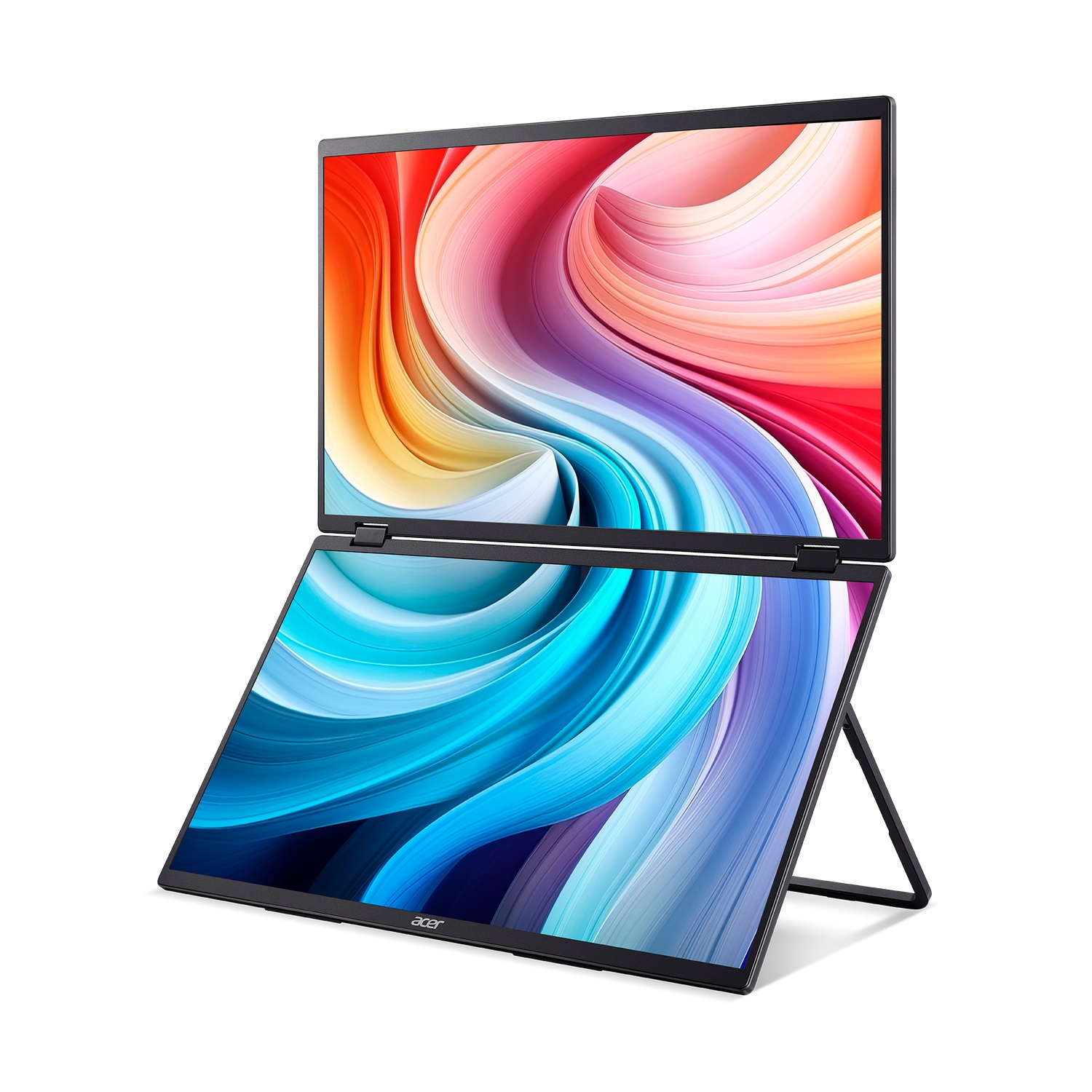 An Acer laptop is open, showing colorful abstract art on both screens. The bottom screen is propped up by a stand.