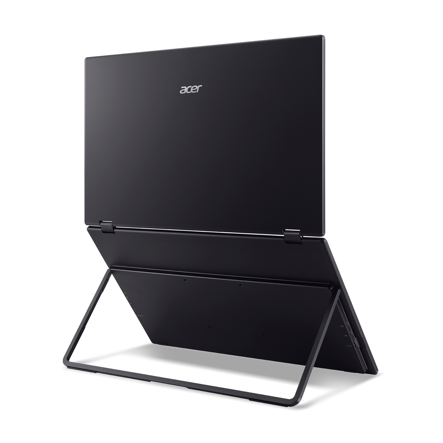 A black Acer laptop is open, propped up by a stand. The screen is tilted back, displaying the Acer logo.