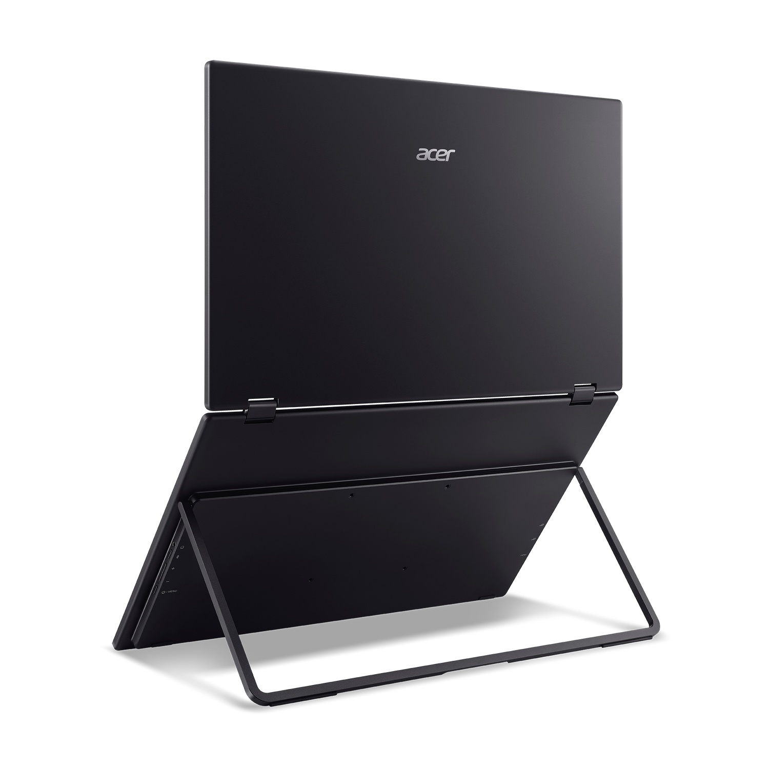 Black Acer laptop in a stand position, showing the screen and keyboard. The screen is tilted back. White background.