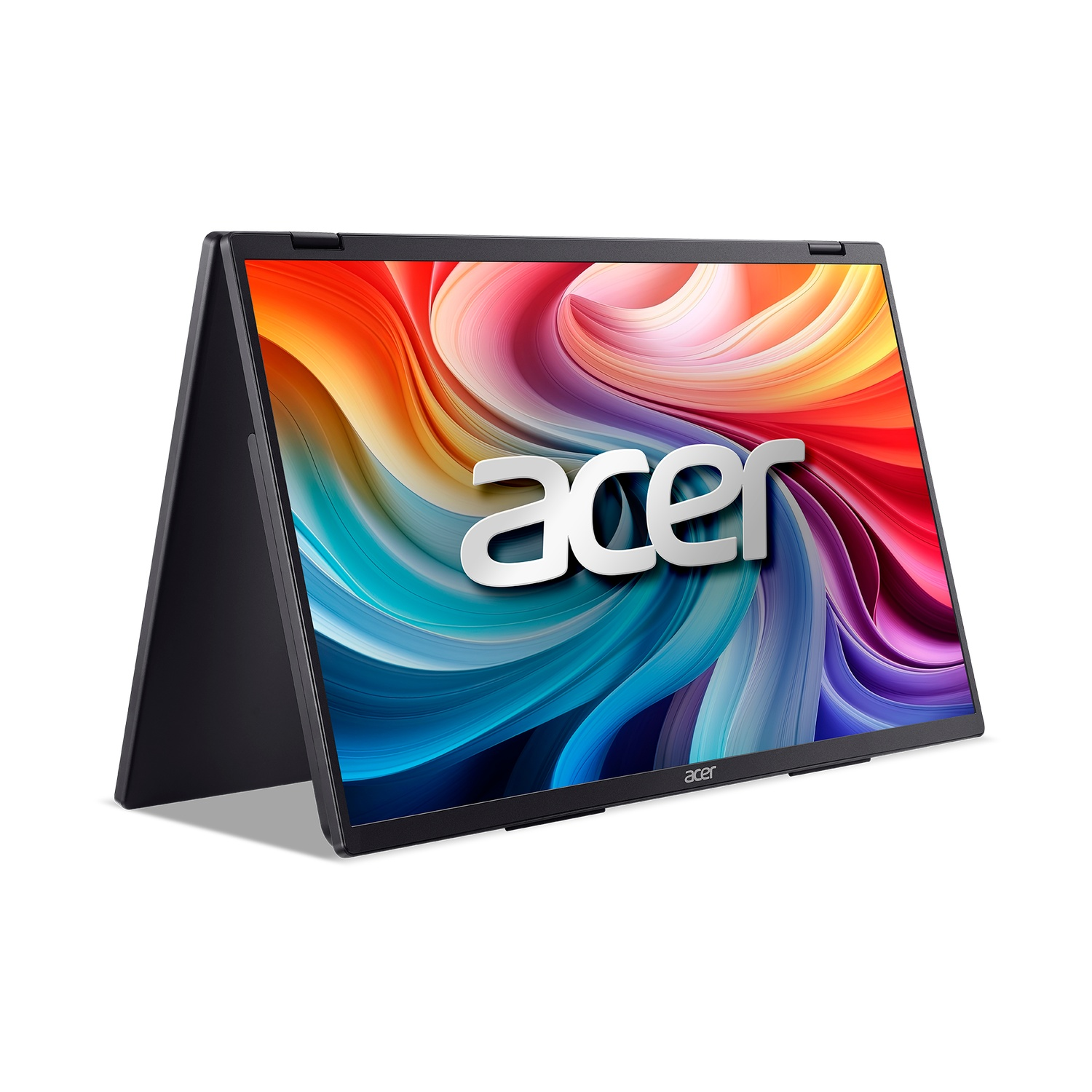 An Acer laptop is open, screen displaying colorful abstract art. The Acer logo is prominent. The laptop is black, set against white.