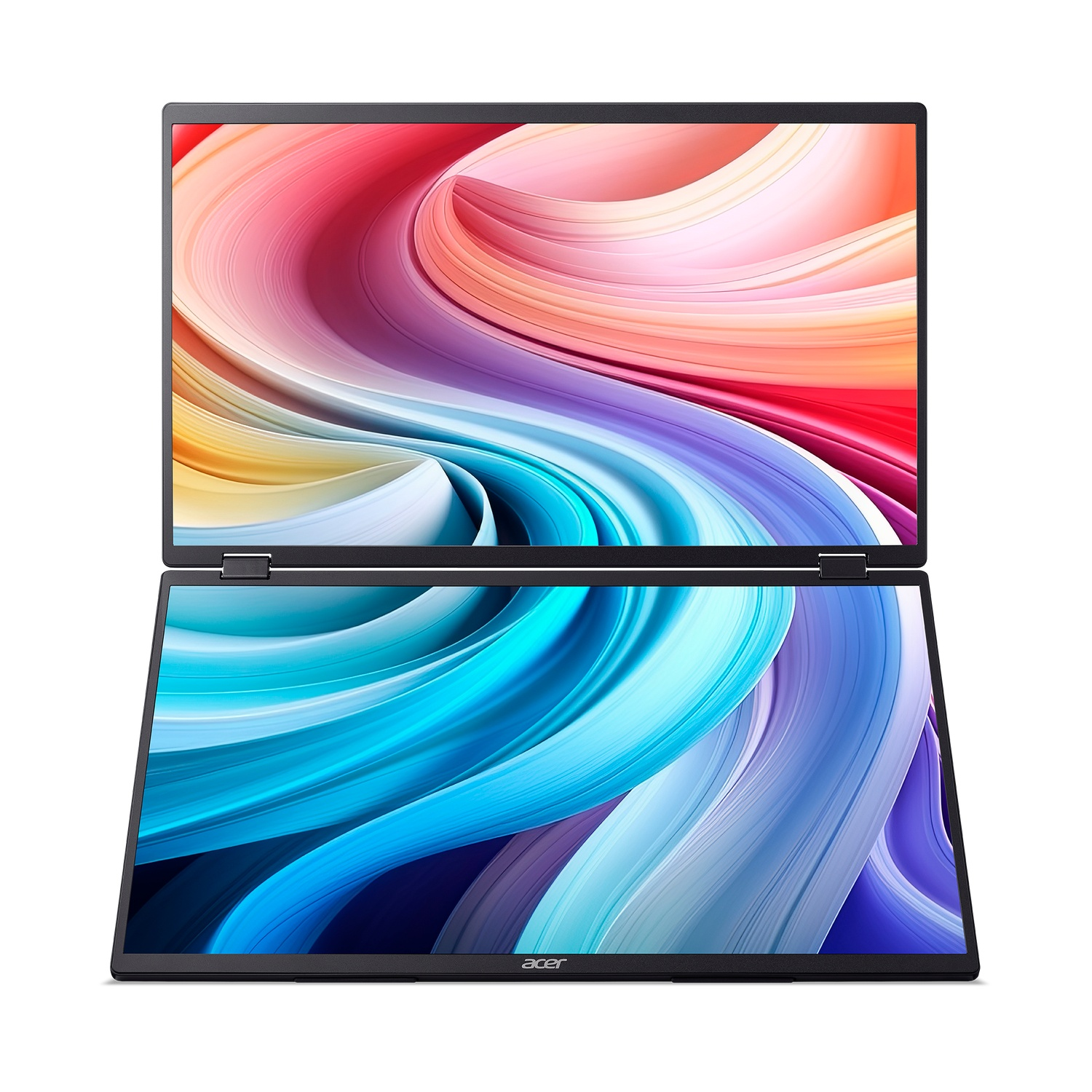 An open laptop on a white surface. The screen displays colorful abstract waves. Acer logo is visible at the bottom.