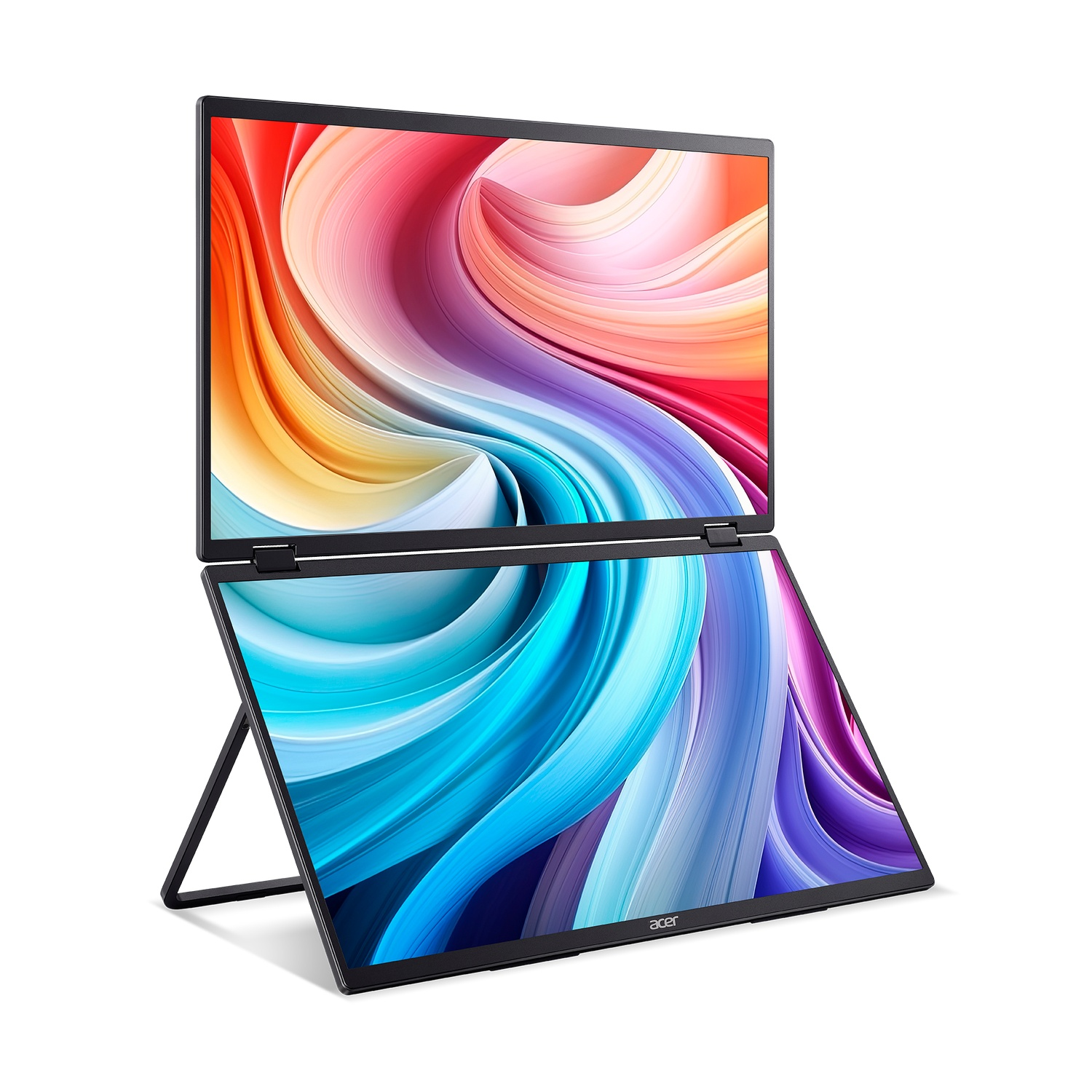 A black Acer laptop is open, displaying colorful abstract art. The screen is propped up by a stand, offering a dynamic perspective.