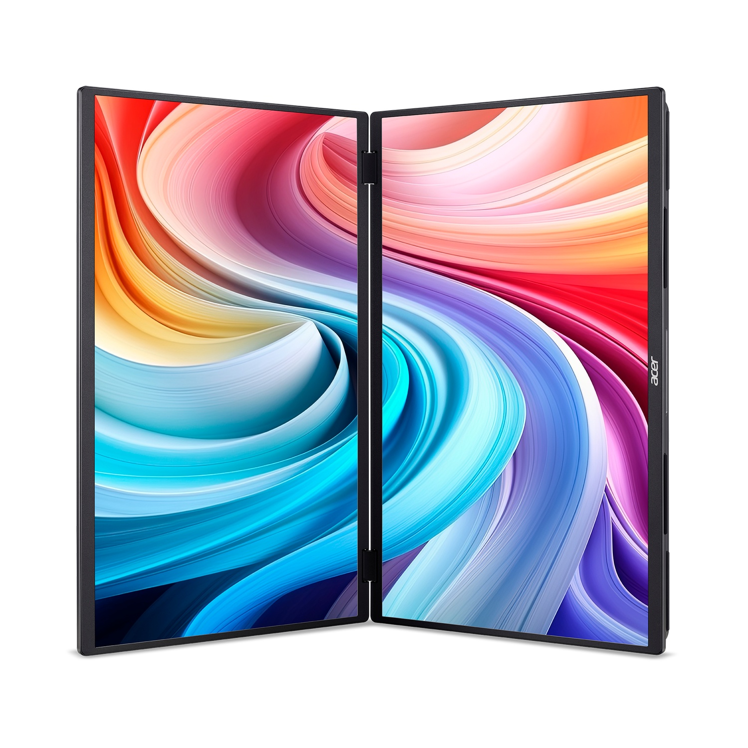 A foldable Acer laptop. The screens display colorful, abstract wave patterns. The laptop is black with an Acer logo.