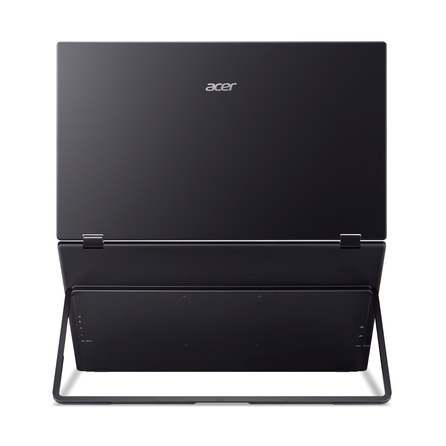 Black Acer laptop open, screen facing up, the bottom part is being used as a stand. White background.