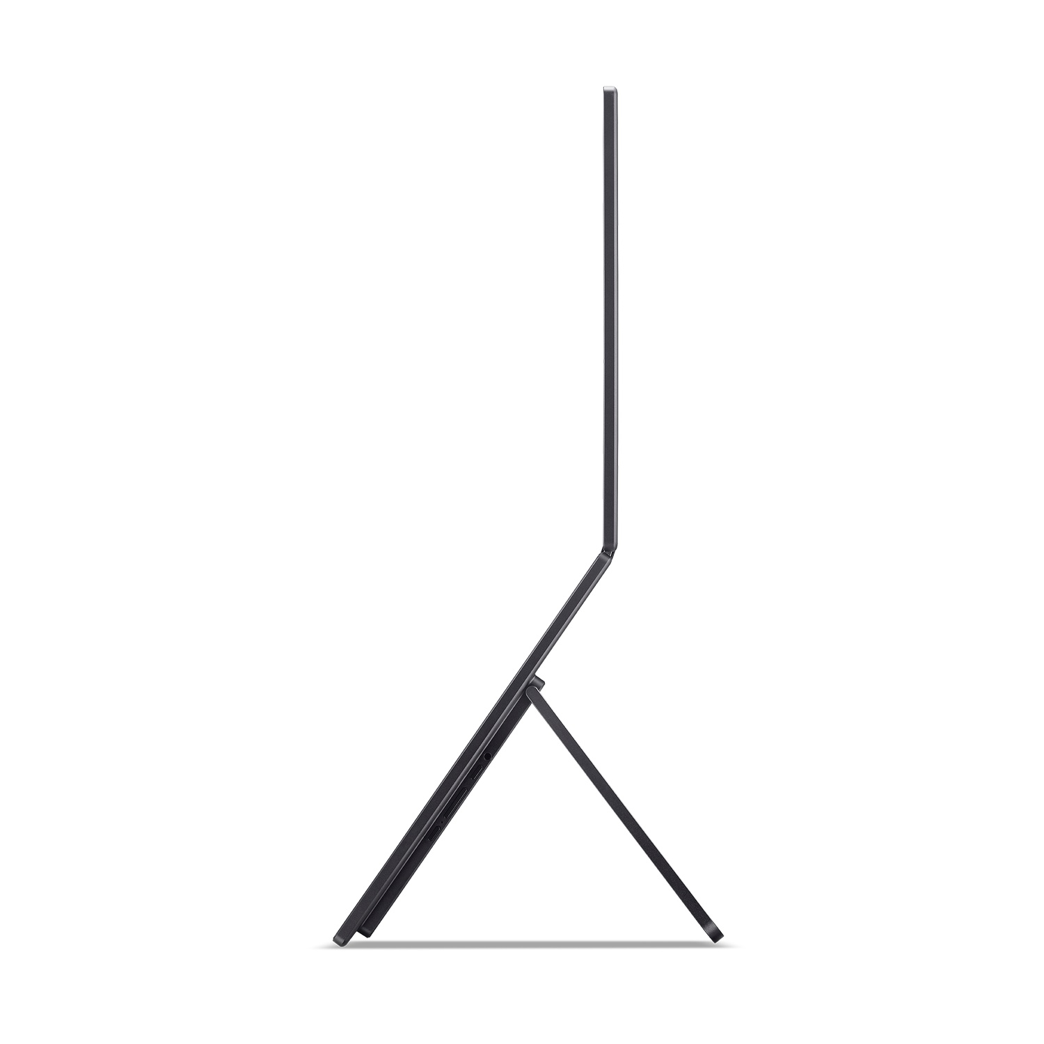 A black tablet, propped up by a stand on a white background. The tablet is vertical, and the stand is angled for support.