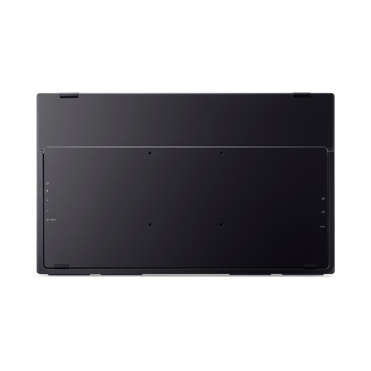 Black monitor back. It has power and menu buttons on the left side. HDMI and other connection ports are on the right.