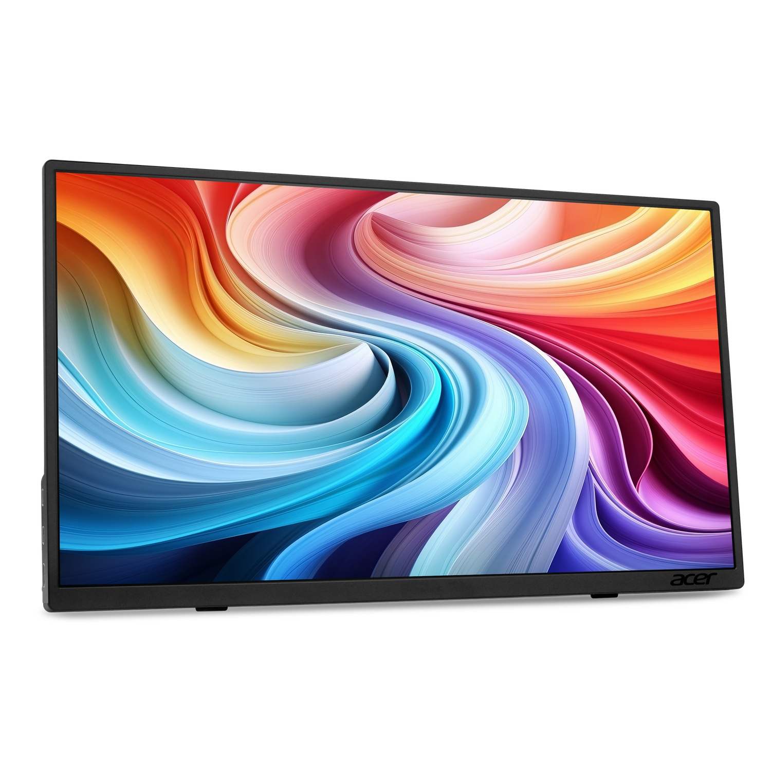 Un écran Acer noir affichant une image abstraite colorée. L'écran montre un tourbillon d'orange, de bleu et de violet.