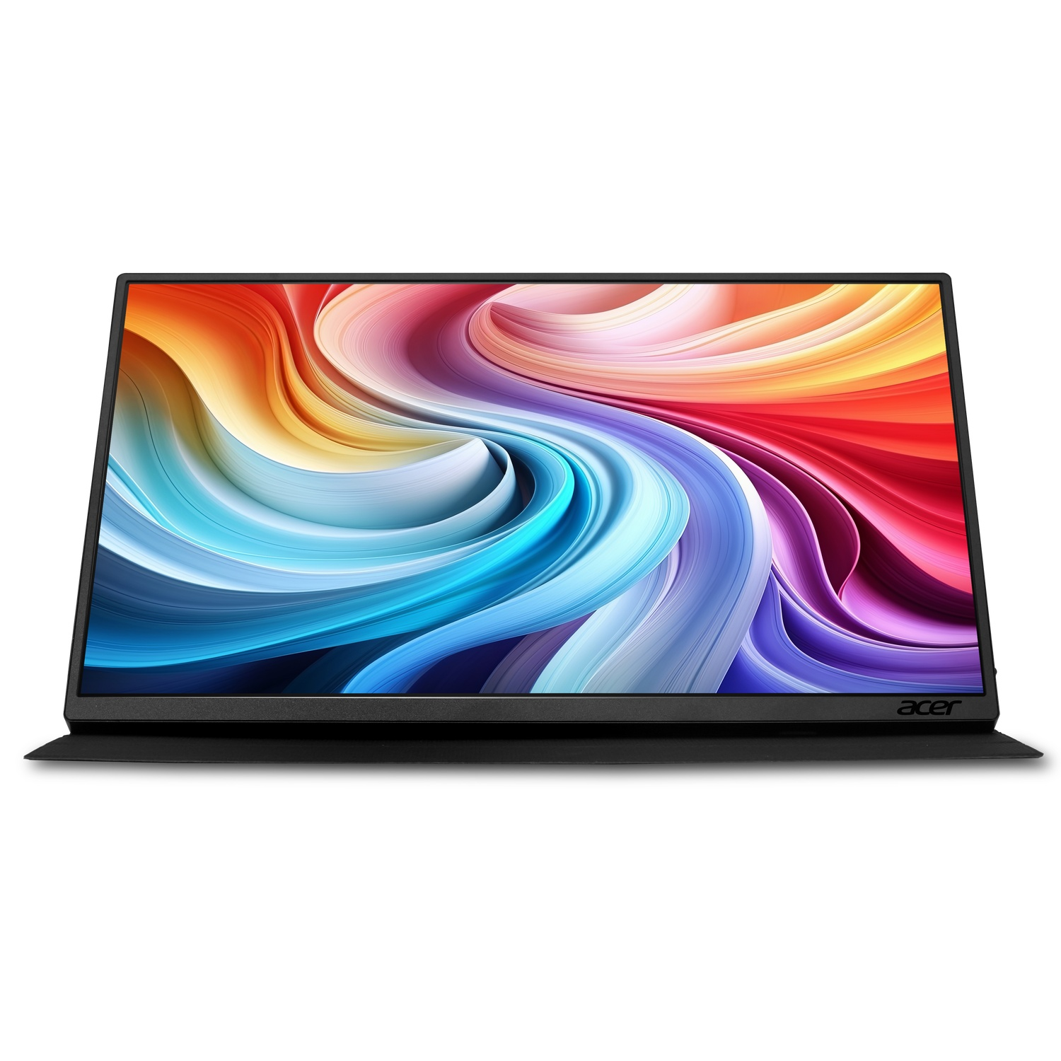 Un moniteur Acer noir avec un affichage abstrait coloré. Le moniteur est légèrement incliné vers le haut sur fond blanc.