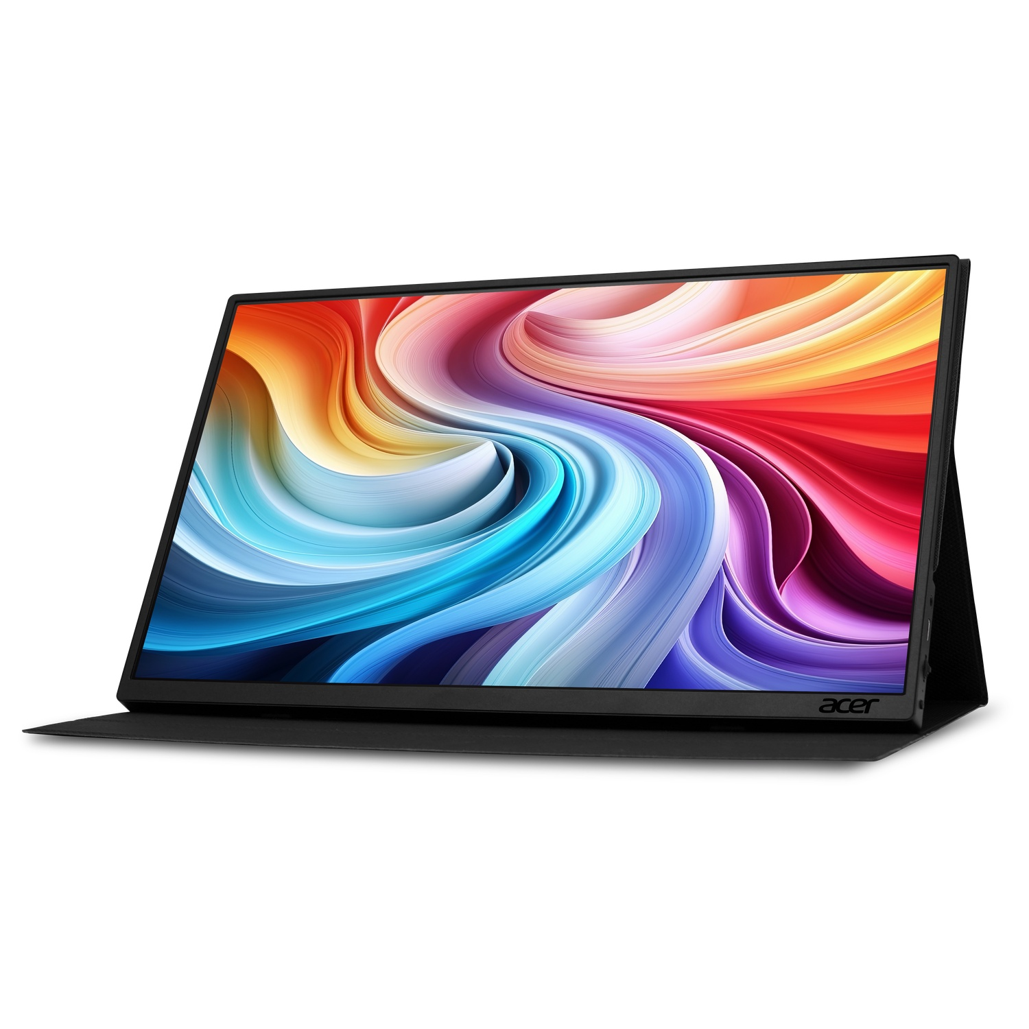 Un moniteur Acer portable avec un affichage abstrait coloré. Il est noir et repose sur une housse noire, sur fond blanc.