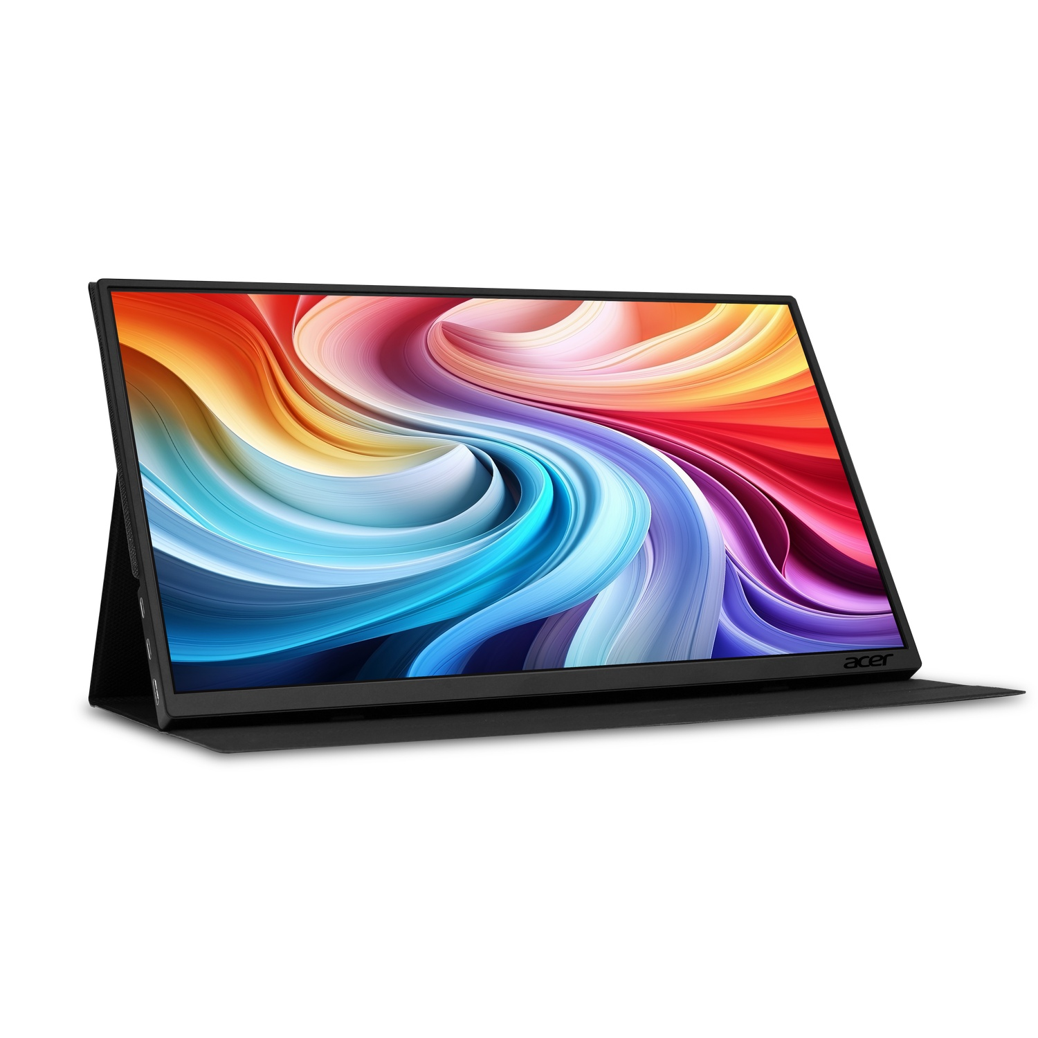Un moniteur portable Acer noir affichant une image abstraite colorée, reposant sur un support noir, sur fond blanc.