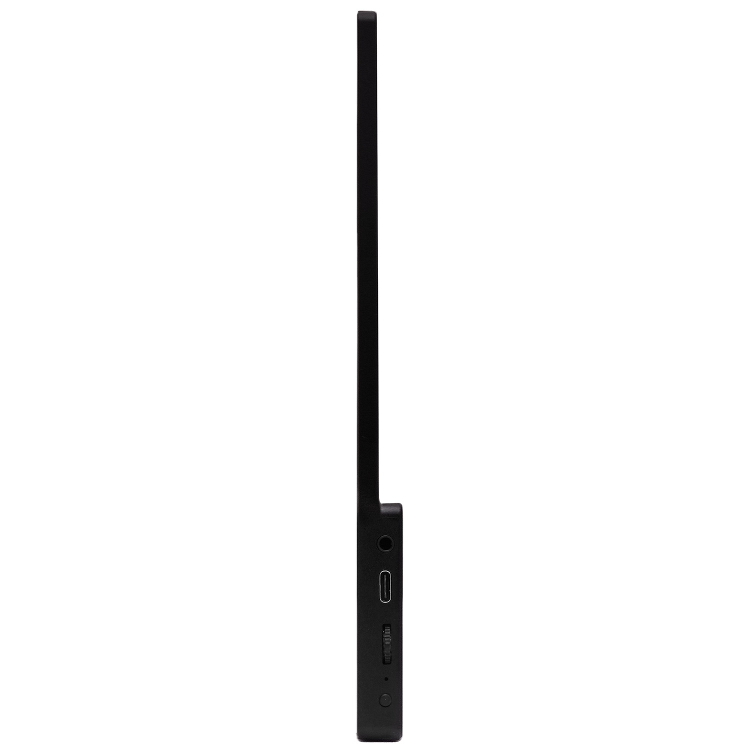 Un appareil noir, probablement un moniteur ou une tablette, vu de côté. Il a un cadre fin, des ports et un bouton d'alimentation.