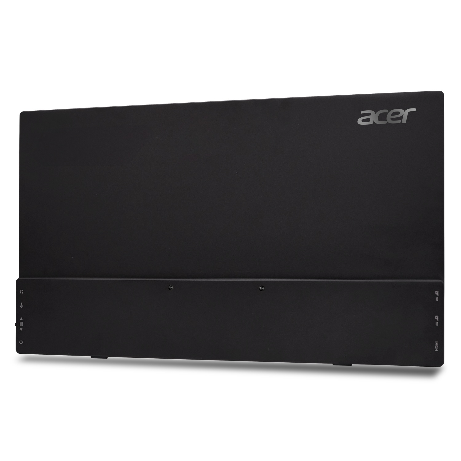 Un moniteur Acer noir. Le logo de la marque est dans le coin supérieur droit. Il y a des ports d'entrée/sortie en bas et sur le côté.