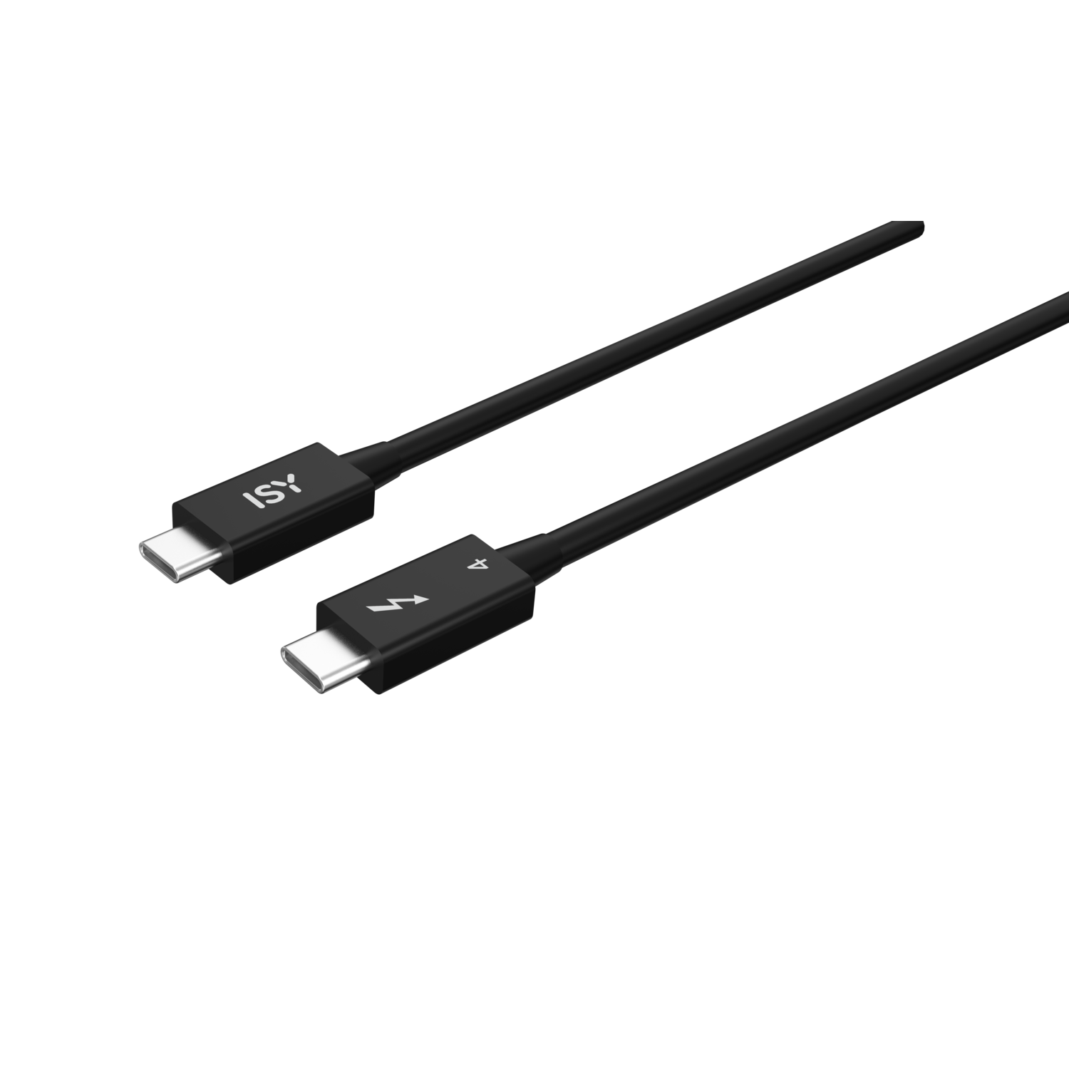 Two black USB-C cables with silver connectors. One shows the ISY logo. The other has a lightning bolt symbol.