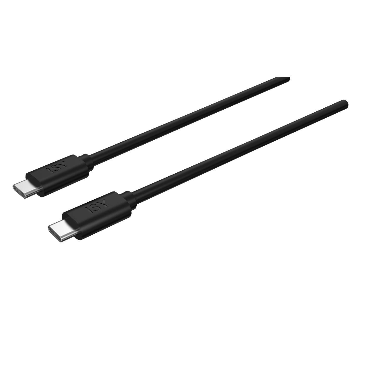 Twee zwarte USB-C kabels op een zwarte achtergrond. De kabels zijn onder een hoek, met de USB-C connectoren en kabel bodies.