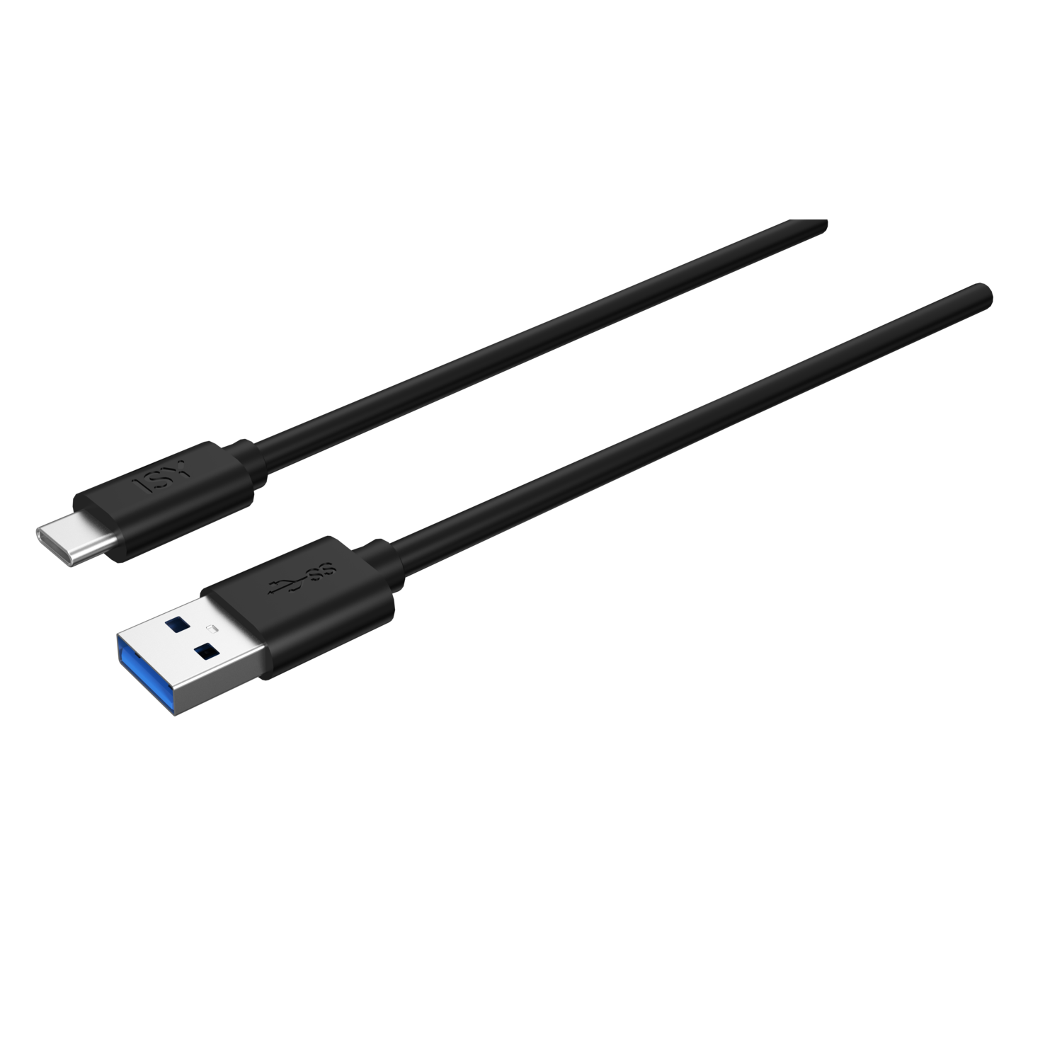 Twee zwarte USB-kabels op een zwarte achtergrond. Eén kabel heeft een USB-C-connector, de andere een USB-A-connector met een blauwe inzet.