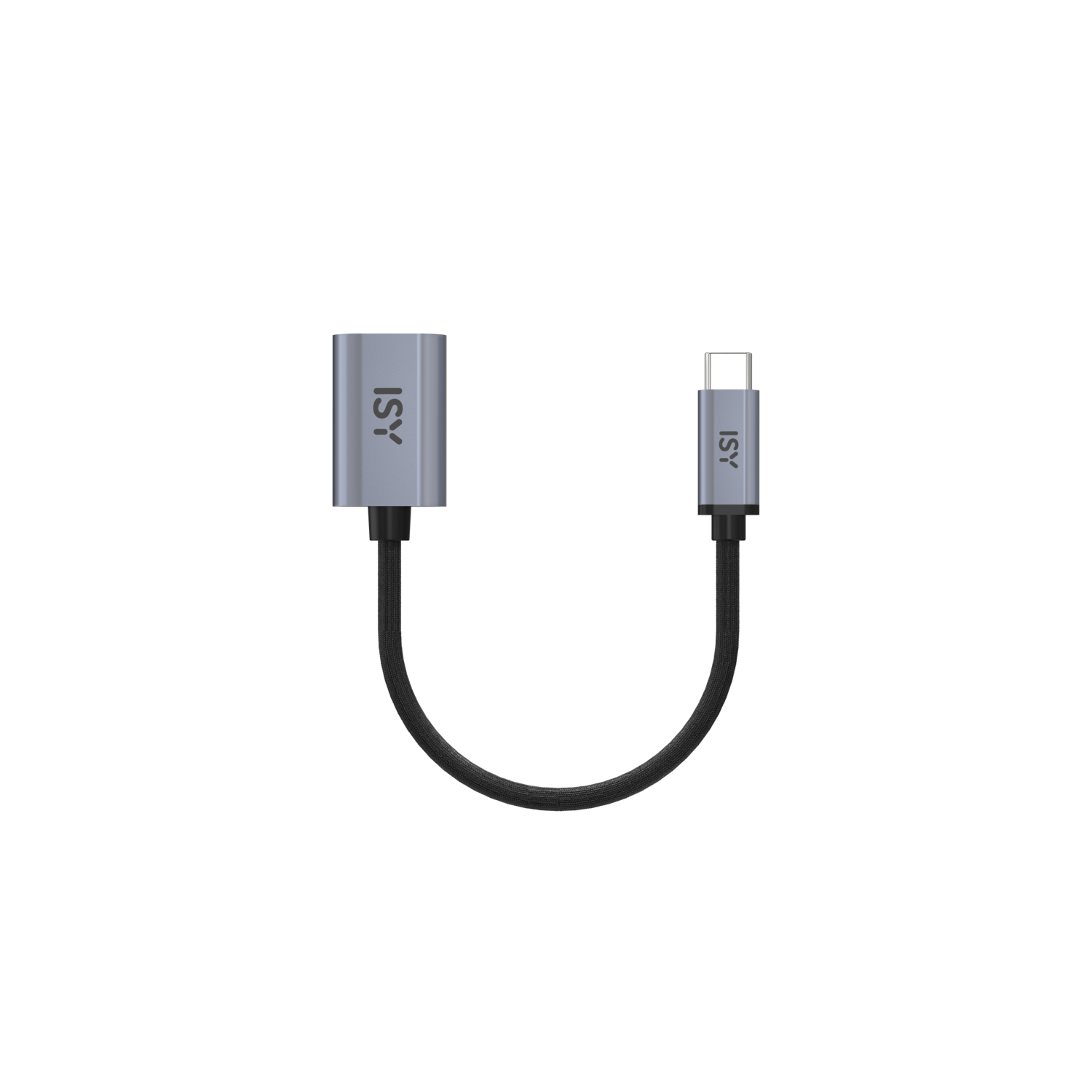 Un adaptateur USB-C argenté avec un câble noir, l'adaptateur porte le logo 'ISY', le fond est noir.