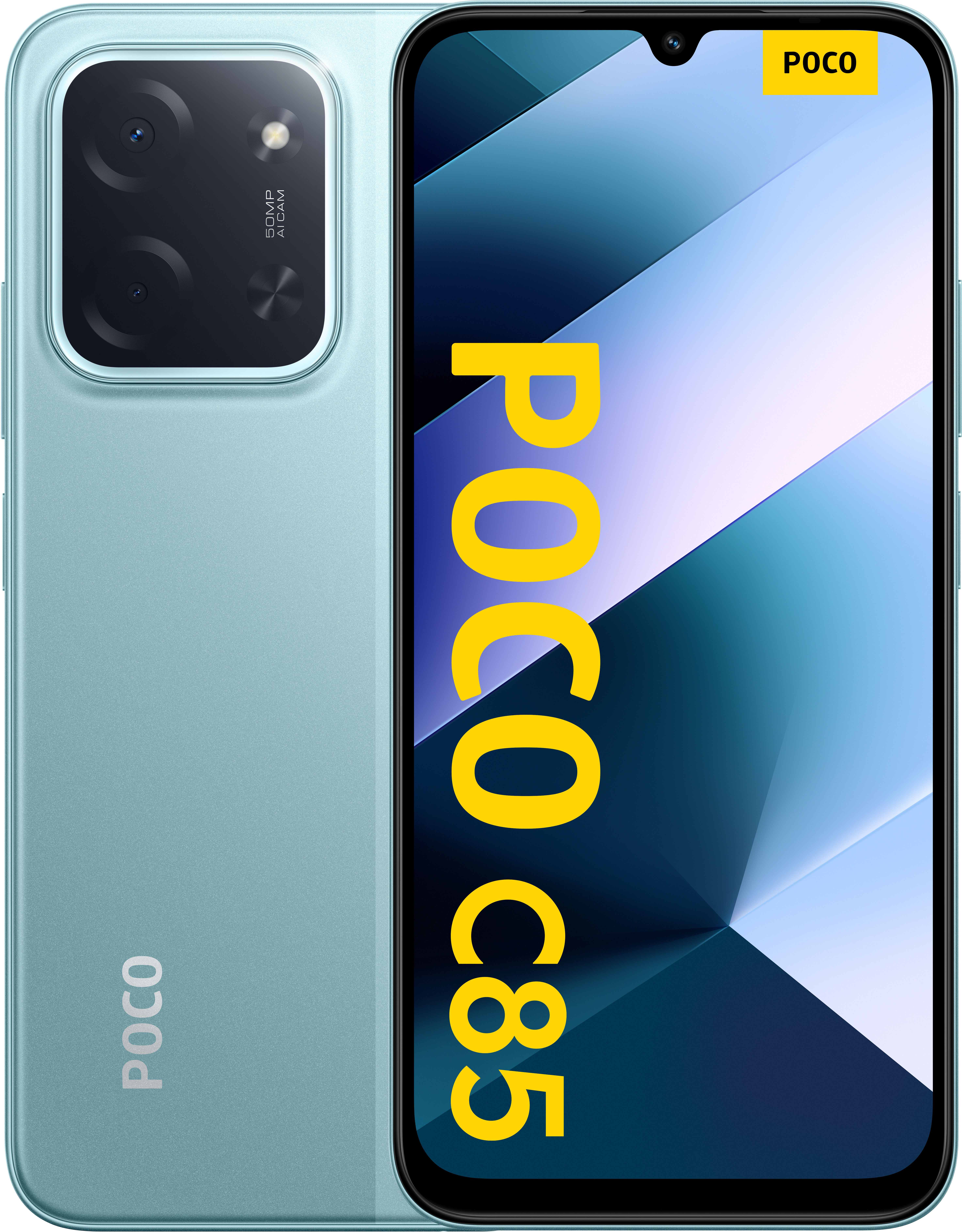 Turkusowy smartfon POCO C65. Tył ma aparaty. Ekran wyświetla niebiesko-biały abstrakcyjny wzór.