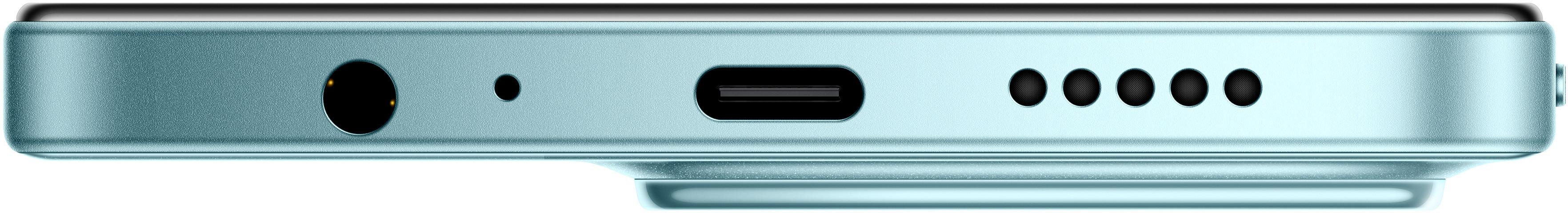 Zbliżenie dolnej krawędzi turkusowego telefonu. Cechy: gniazdo słuchawkowe, mikrofon, port USB-C i otwory głośnikowe.