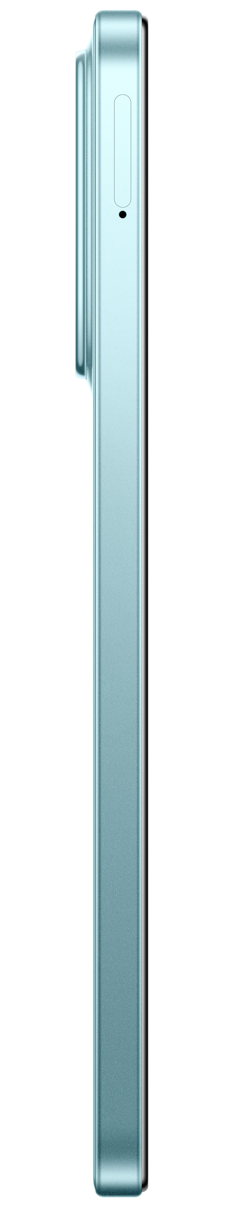 Widok z boku turkusowego smartfona, pokazujący wypukłość aparatu i szczegóły przycisków, na białym tle.