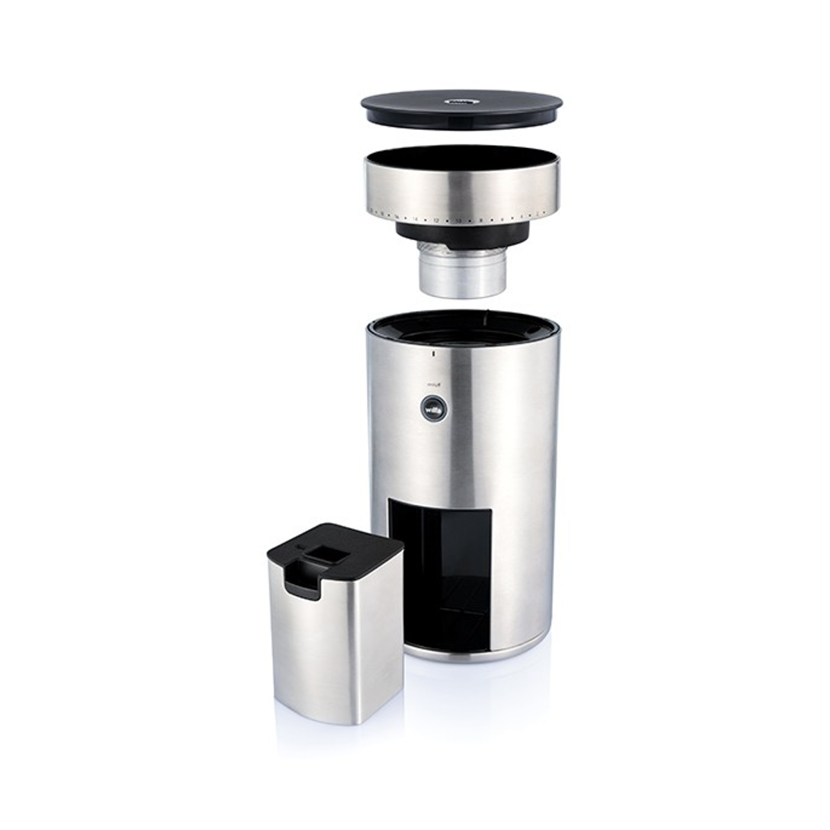 Macinacaffè scomposto. Componenti in acciaio inossidabile: base, parte superiore e un contenitore rimovibile. Coperchio e parte superiore neri.