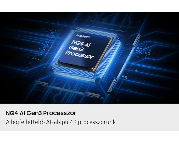 Egy Samsung processzor közeli képe. A processzoron a szöveg: NQ4 AI Gen3 Processor. Kék áramköri vonalak veszik körbe a processzort.