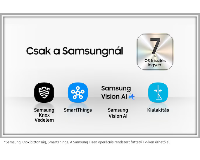 A kép Samsung logót, Knox, SmartThings, Vision AI és dizájn funkciókat mutat. Tartalmazza a '7 év OS frissítést' és magyar nyelvű szöveget.