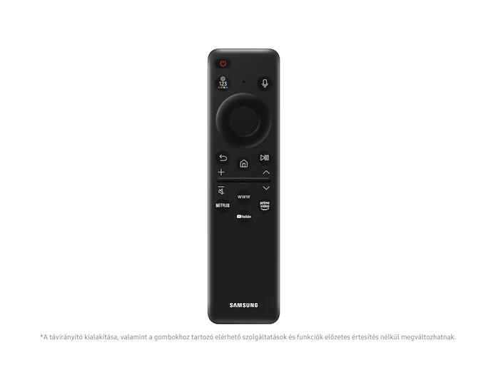 Fekete Samsung TV távirányító. Több gombja van, beleértve a bekapcsolást, a hangerőt, a csatornát, a Netflixet, a YouTube-ot és egy mikrofont.