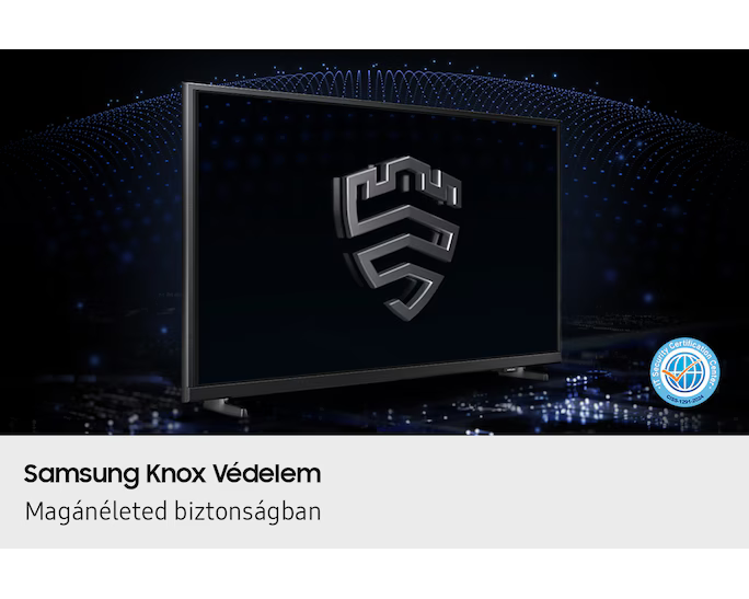 Egy fekete Samsung TV ezüst pajzs logót jelenít meg. A jelenet kék háttérrel és biztonsági tanúsítvány jelvénnyel rendelkezik.